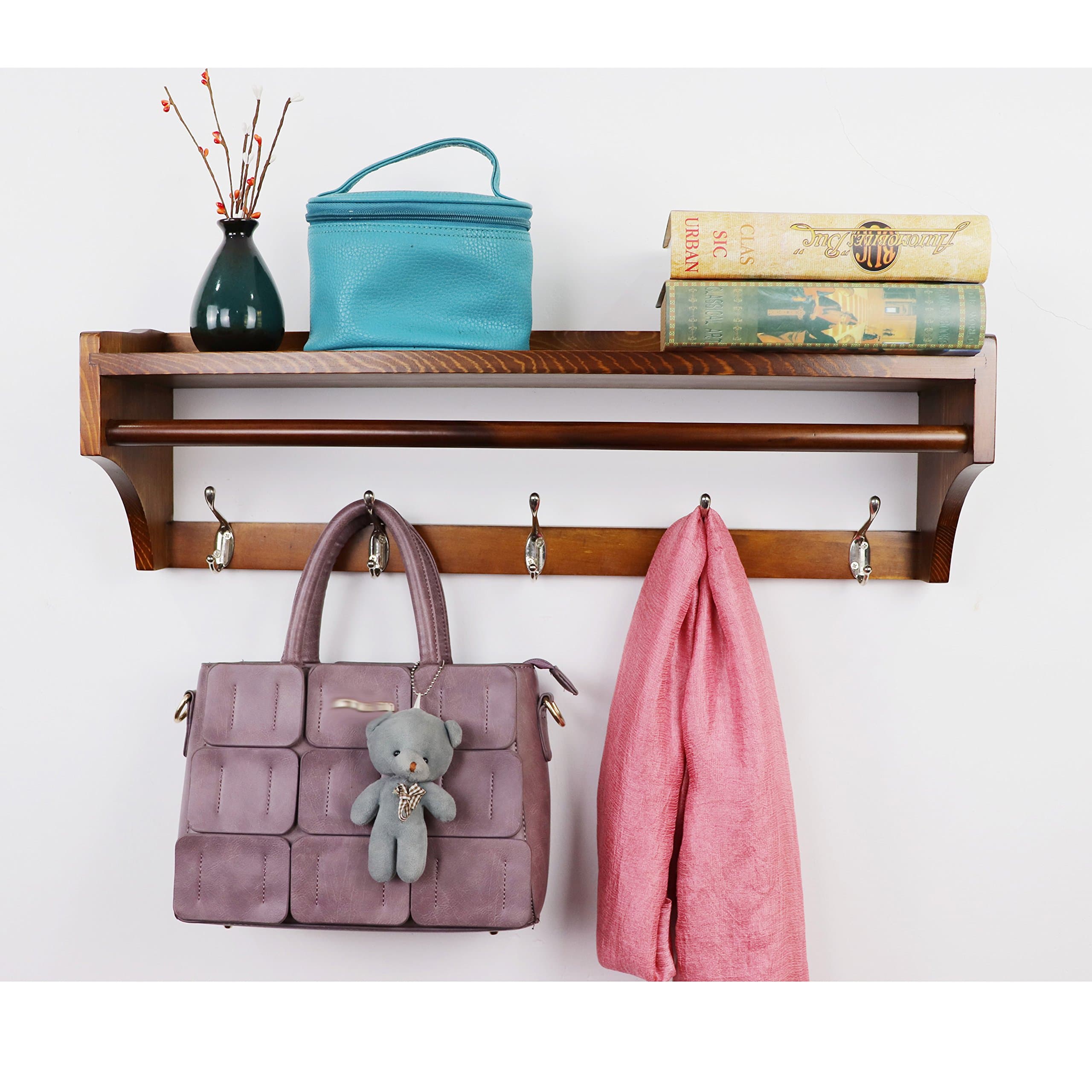 JRLinco Wall-mounted Coat Rack Wall Solid Wooden Hanger 5 Hooks Multifunctional Entryway Simple Storage Display Stand Shelf (Walnut paint color, 5 hooks = 65.5cm)