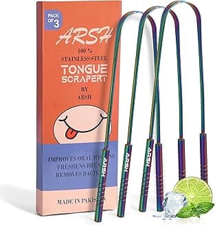 Arsh Tongue Scraper for Adults Stainless Steel Tongue Cleaner for Oral Care & Hygiene Tongue Cleaner for Men and Women Tongue Scrubber for Reduce Bad breath100% Metal Tongue Cleaners (3 Pack Multi)