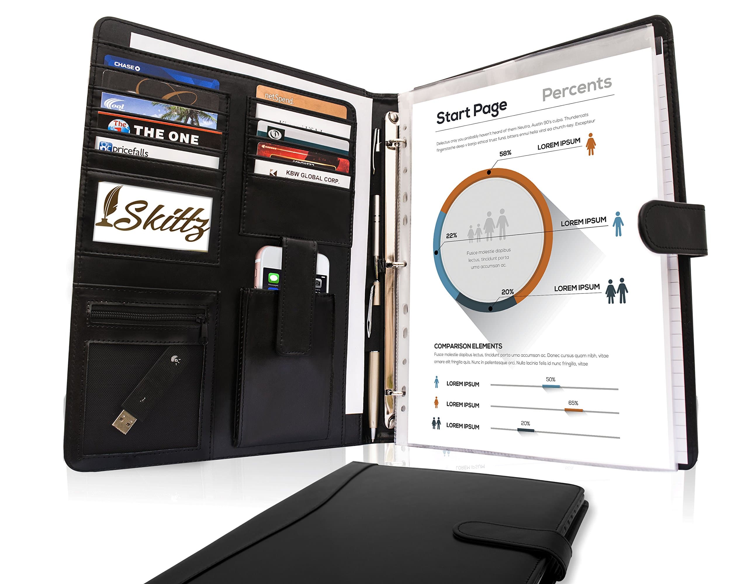 Black Leather Padfolio Business Portfolio Folder w/Removable 3 Ring Organizer