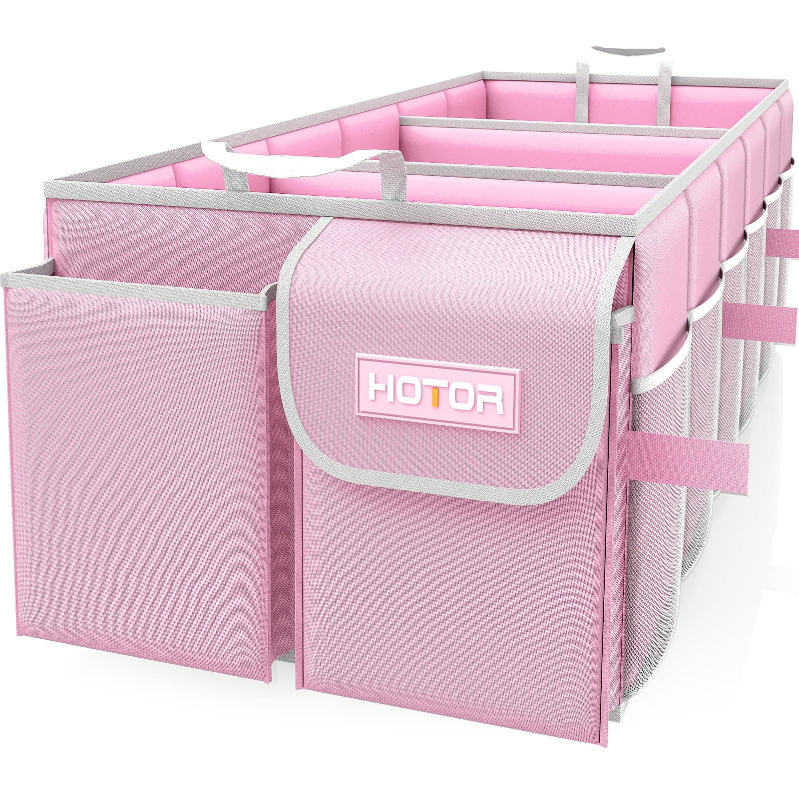 HOTOR Trunk Organizer for Car - Large-Capacity Car Organizer, Foldable Trunk organizer for SUVs & Sedans, Sturdy Car Organization for Car Accessories, Tools, Sundries, Pink, 3 Compartments