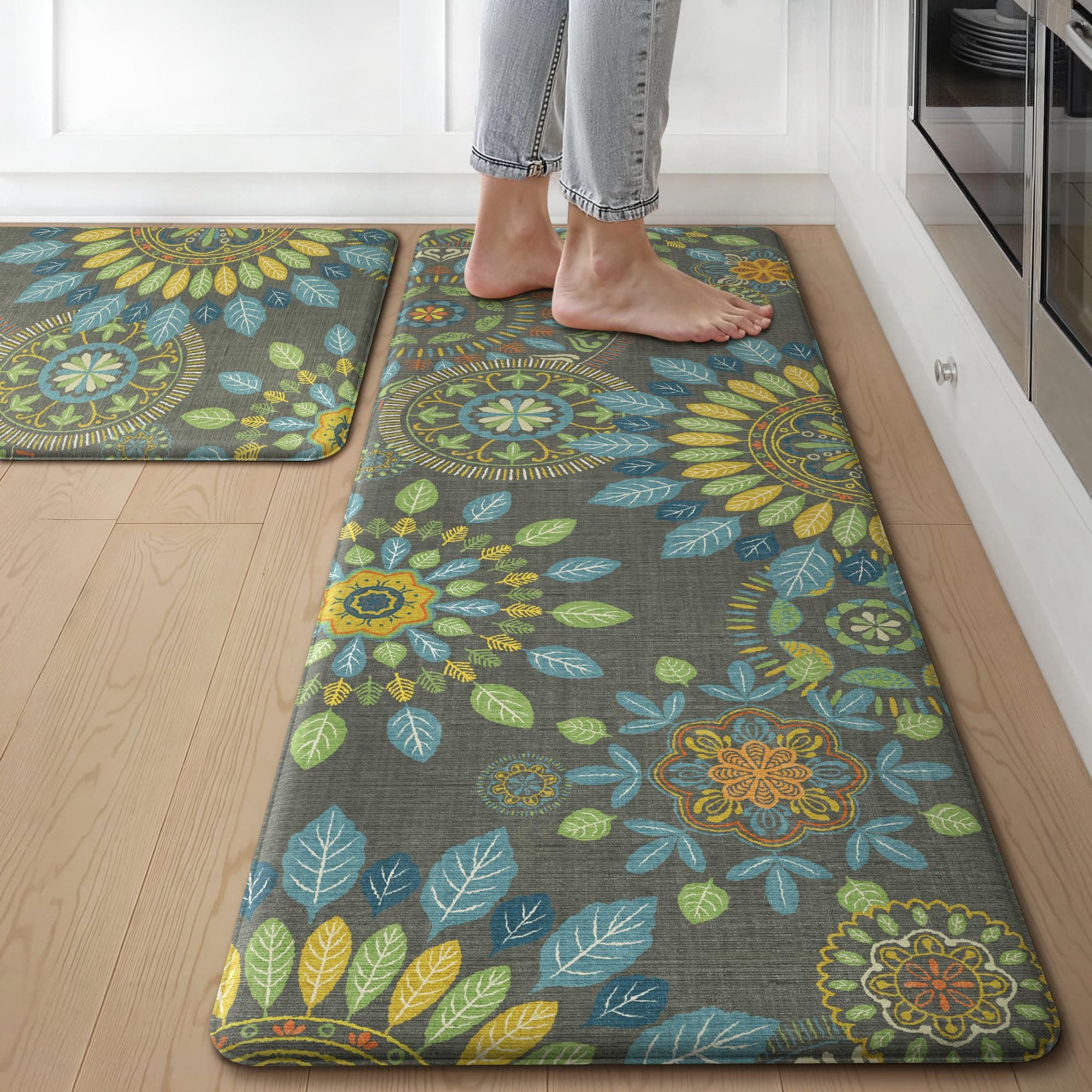 GENIMO Kitchen Mats for Floor 2PCS, Cushioned Kitchen Rugs Non Slip Washable, Farmhouse Anti Fatigue Mat Waterproof, Comfort Standing Mat Rug for Office, Home, Laundry, 17.3"x47"+17.3"x30", GreenOEKO-TEX STANDARD 100