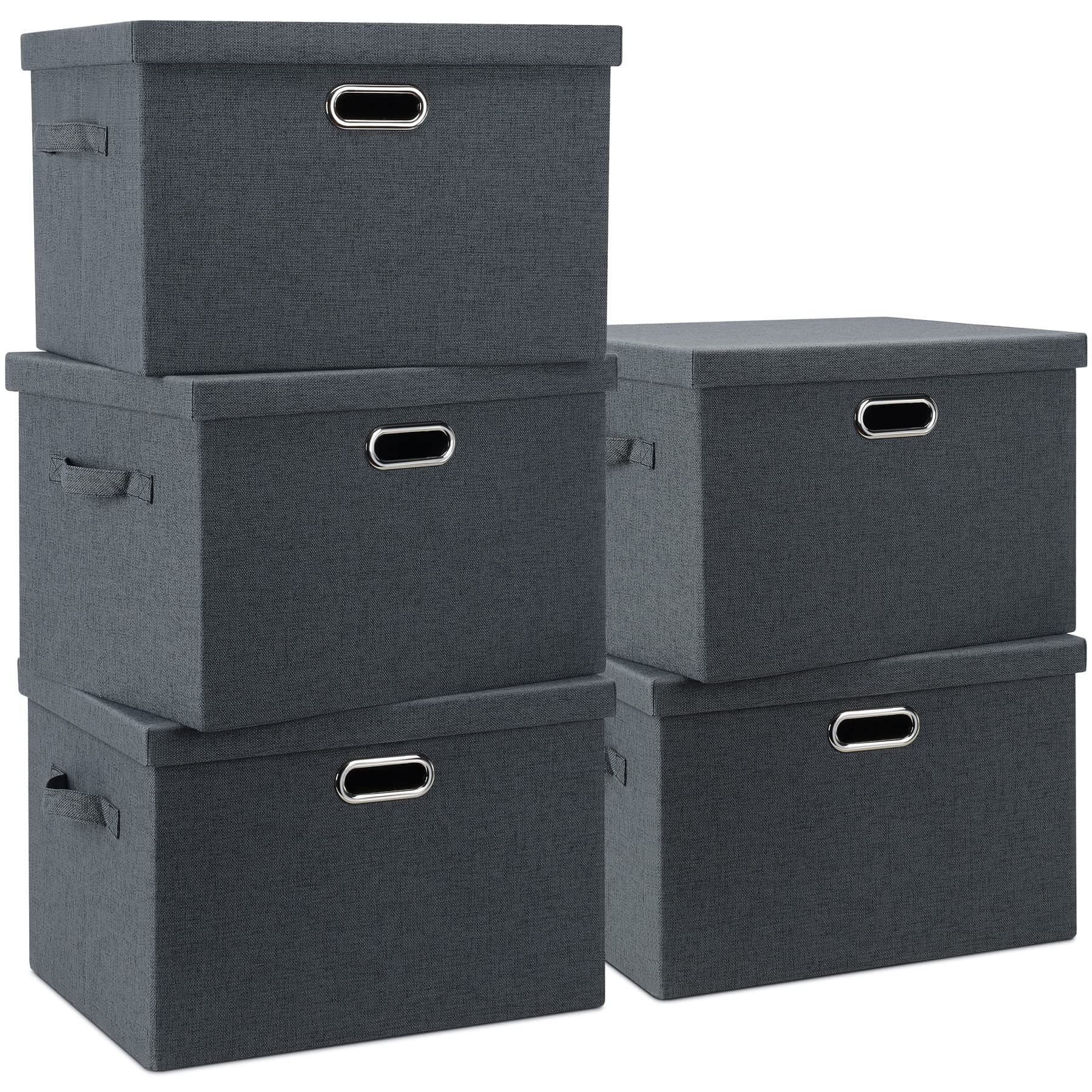 Large 17" 36 Quart Collapsible Stackable Storage Bins with Lids, 5 Packs Dark Gray Foldable Fabric Closet Storage Boxes with Lids Heavy-duty Linen Cube Baskets(17 x 12 x 11)