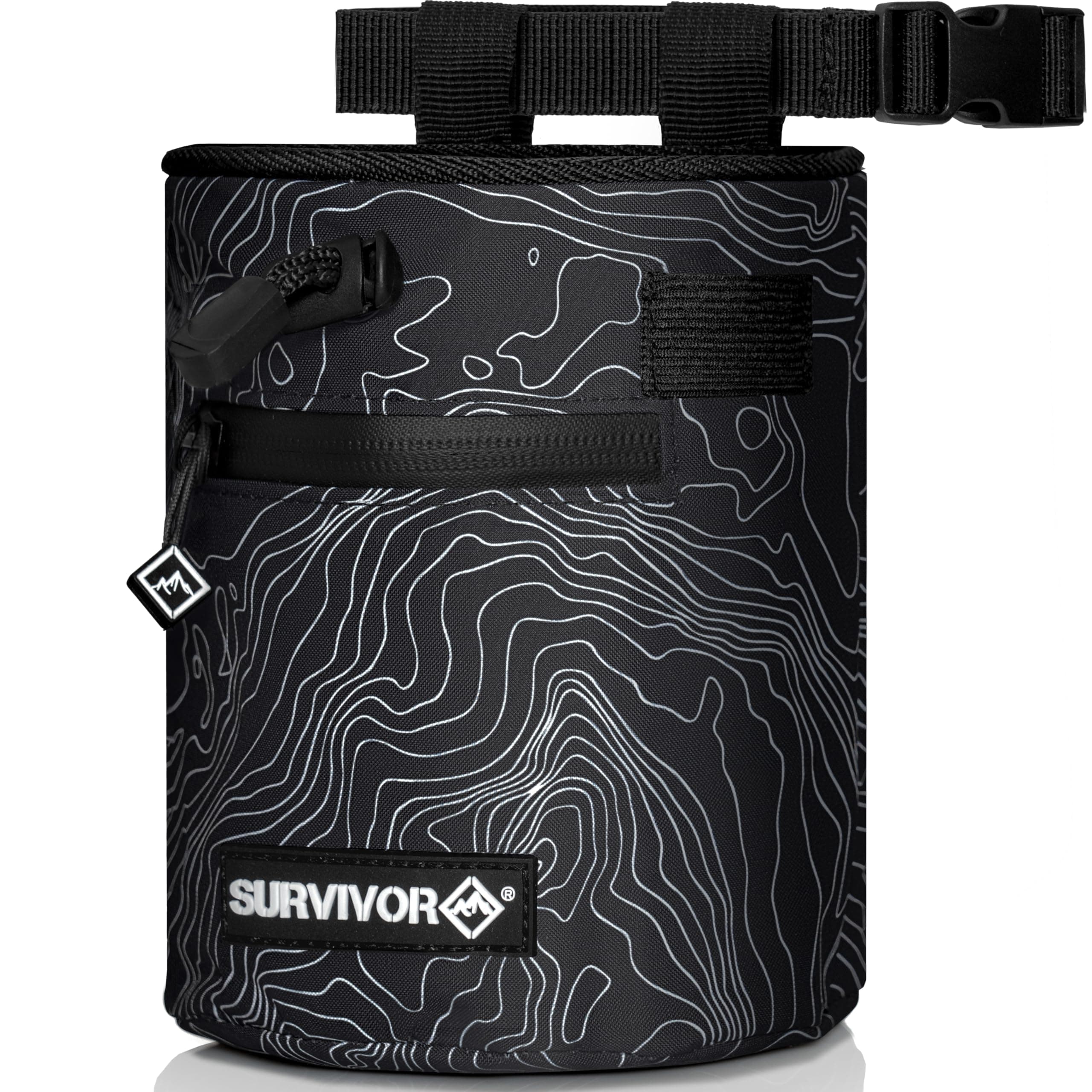 SURVIVOR Chalk Bag - Iconic Topographical Map, Draw String Closure, 2 Zippered Pockets, & Brush Holder - Chalk Bag for Rock Climbing, Bouldering, Weightlifting, Gymnastics & More