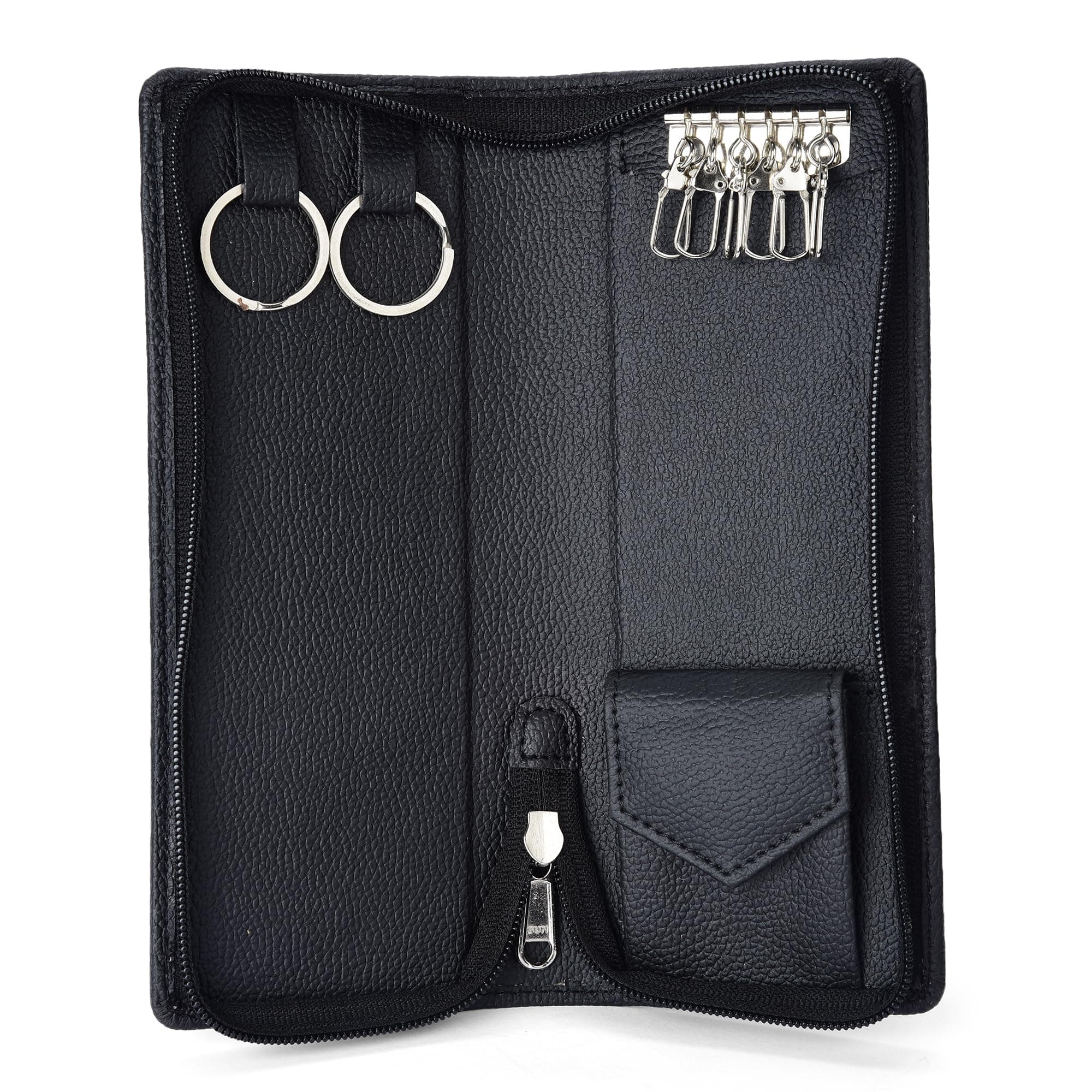 PU Leather Key Case Pouch Wallet Keychain Key holder Men & Women Key Holder, Bank Locker Key organizer with 6 Hooks Zipper Closure (Black)