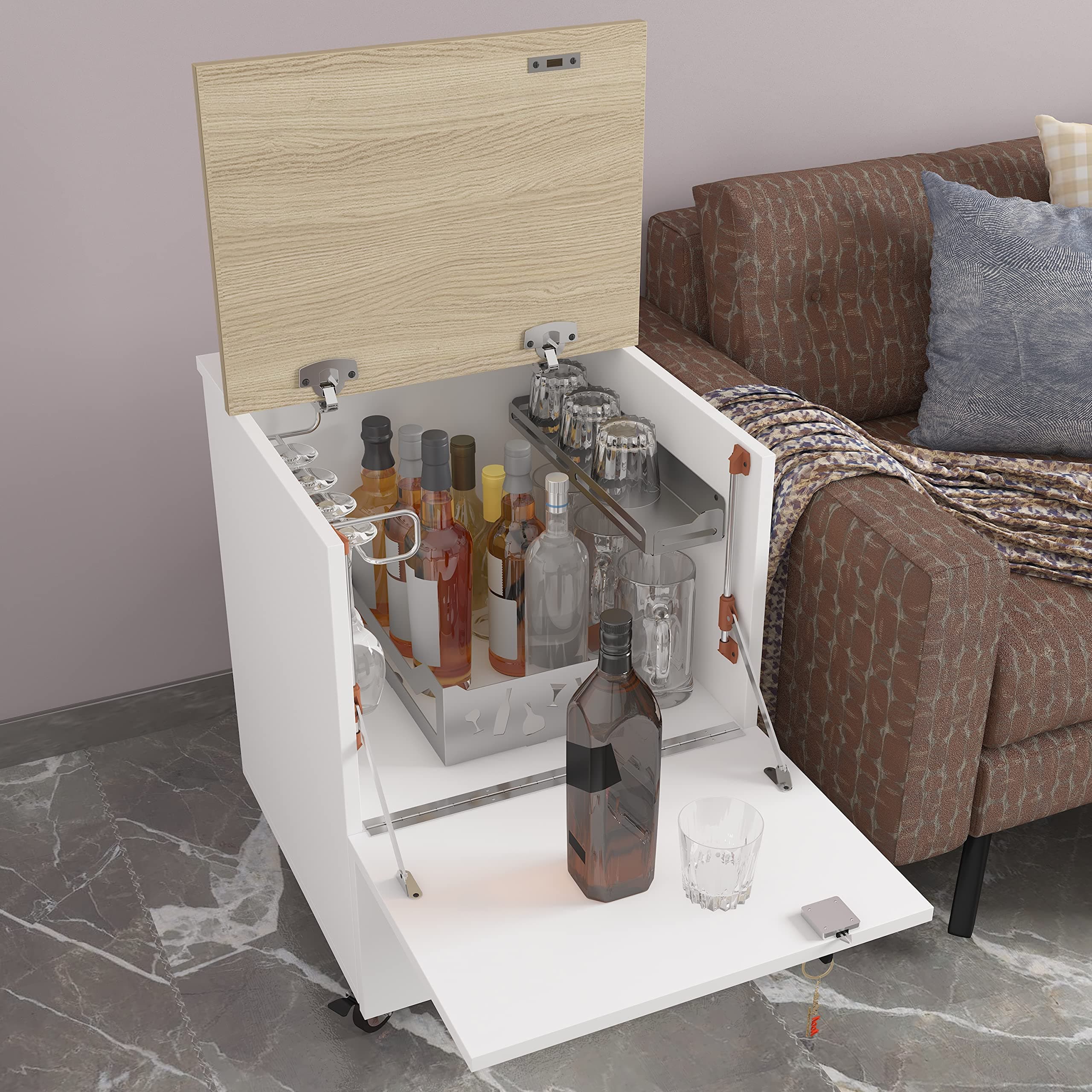 Studio Kook Curio Mini Bar on Wheels | Engineered Wood Bar Cabinet (Moon White)