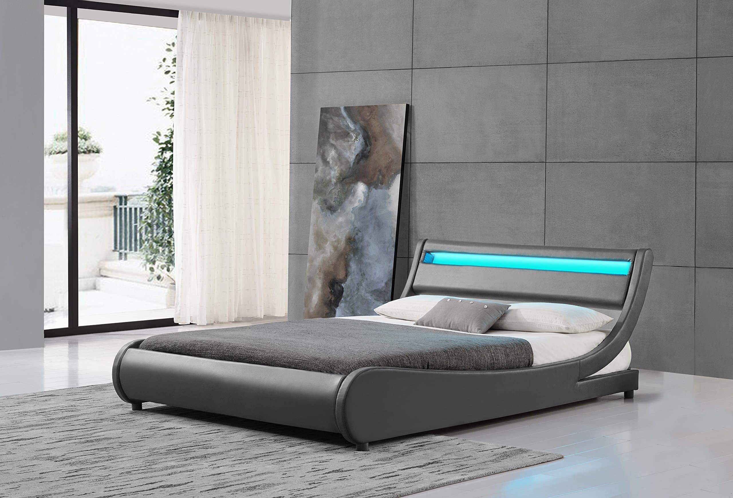 Edison Queen Grey Contemporary Modern Led Leather Bed