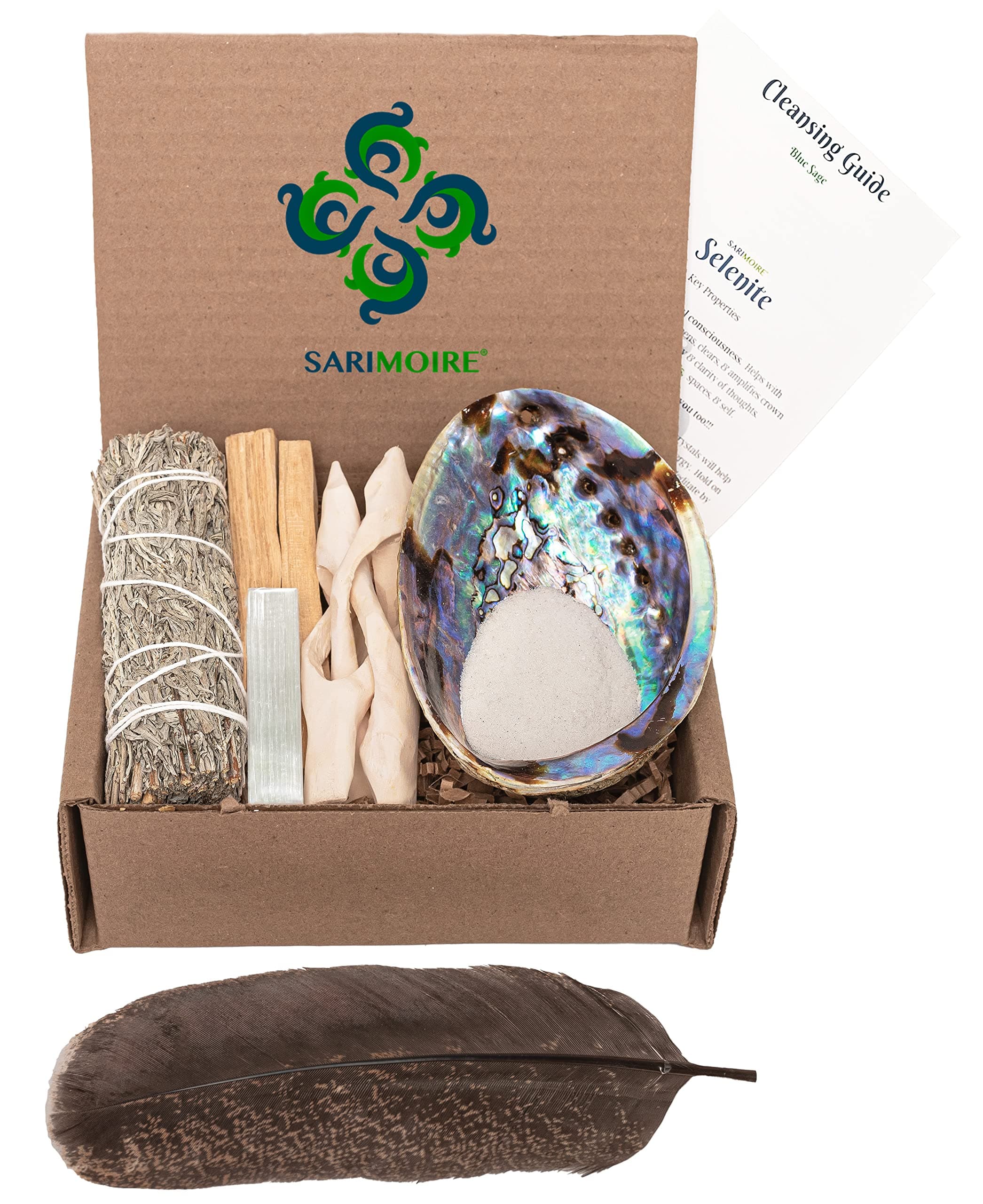 – Sage Kit - Blue Sage Smudge Stick ~ Abalone Shell for Smudging ~ Palo Santo Sticks ~ 2 inchTripod Stand ~ 8 inch Feather and White Sand