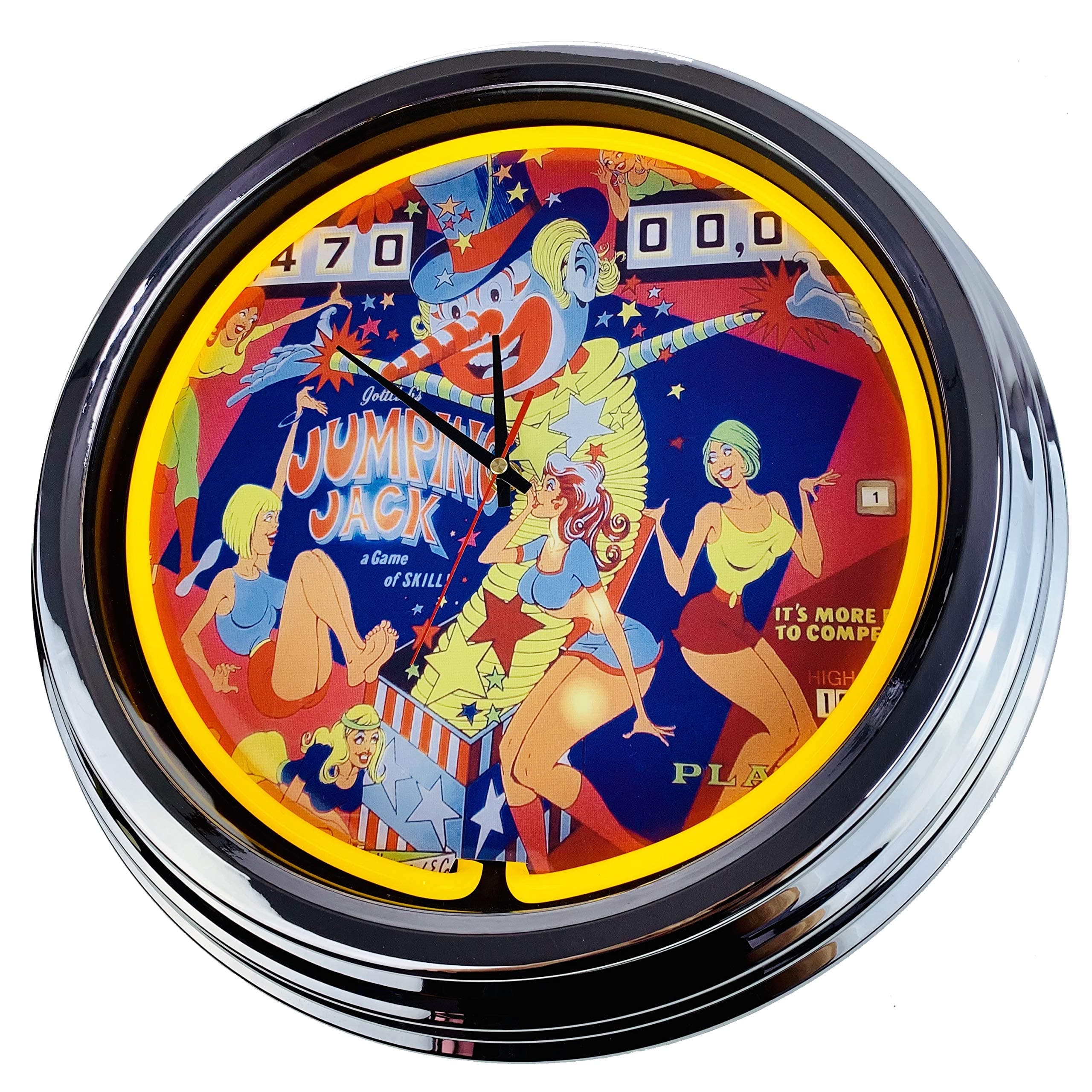 Neon clock"Flipper Jumping Jack Gottlieb" wall clock Deko-clock illuminated clock USA 50's Style Retro neon clock dining room kitchen Living room office (Gelb)