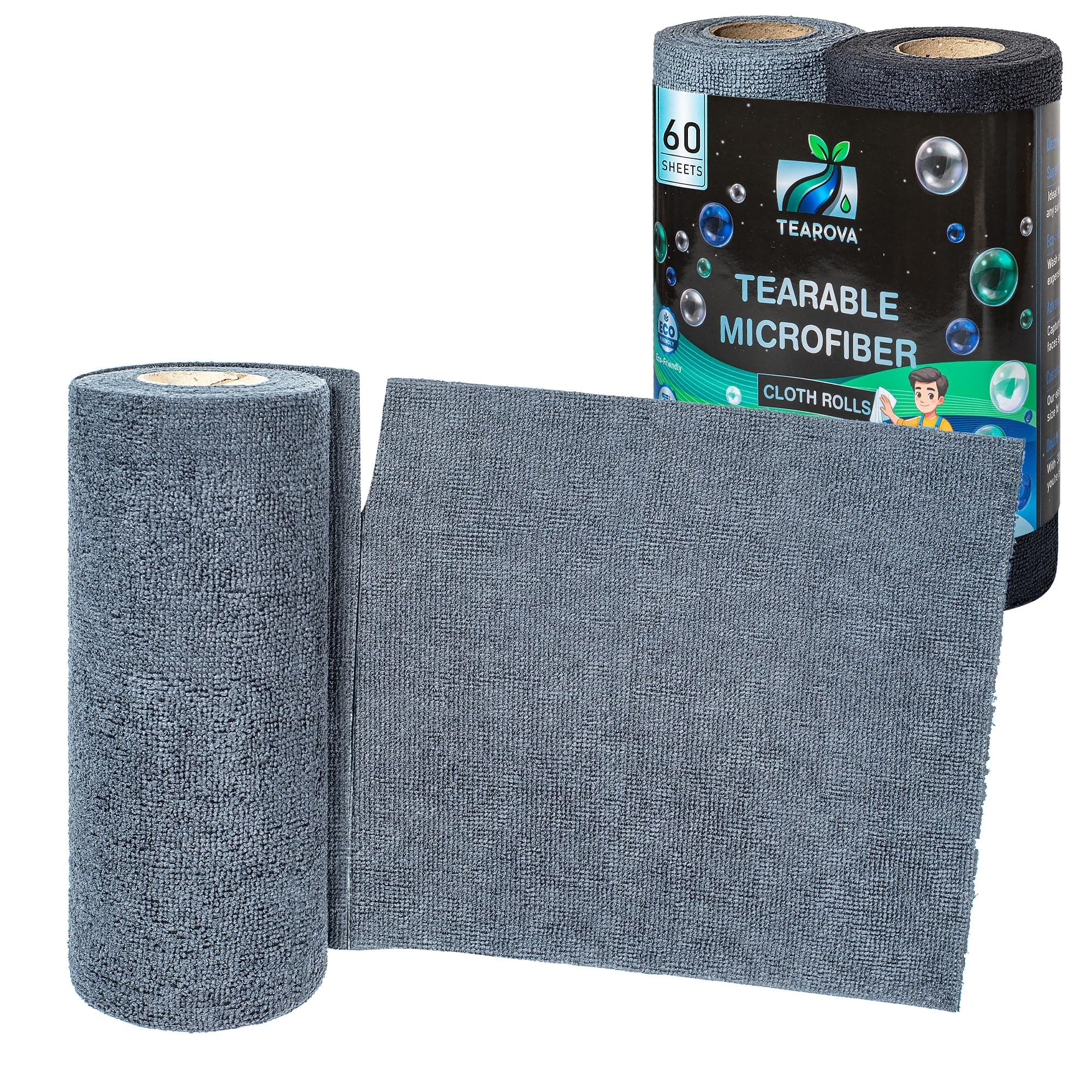 Reusable Microfibre Cloth Roll Pack of 2 rolls 60 Pieces Total - Sustainable, Washable, Lint free, Absorbent Kitchen Roll - Ideal Cleaning for Home and Car 25cm x 25cm ~(Grey and Black)
