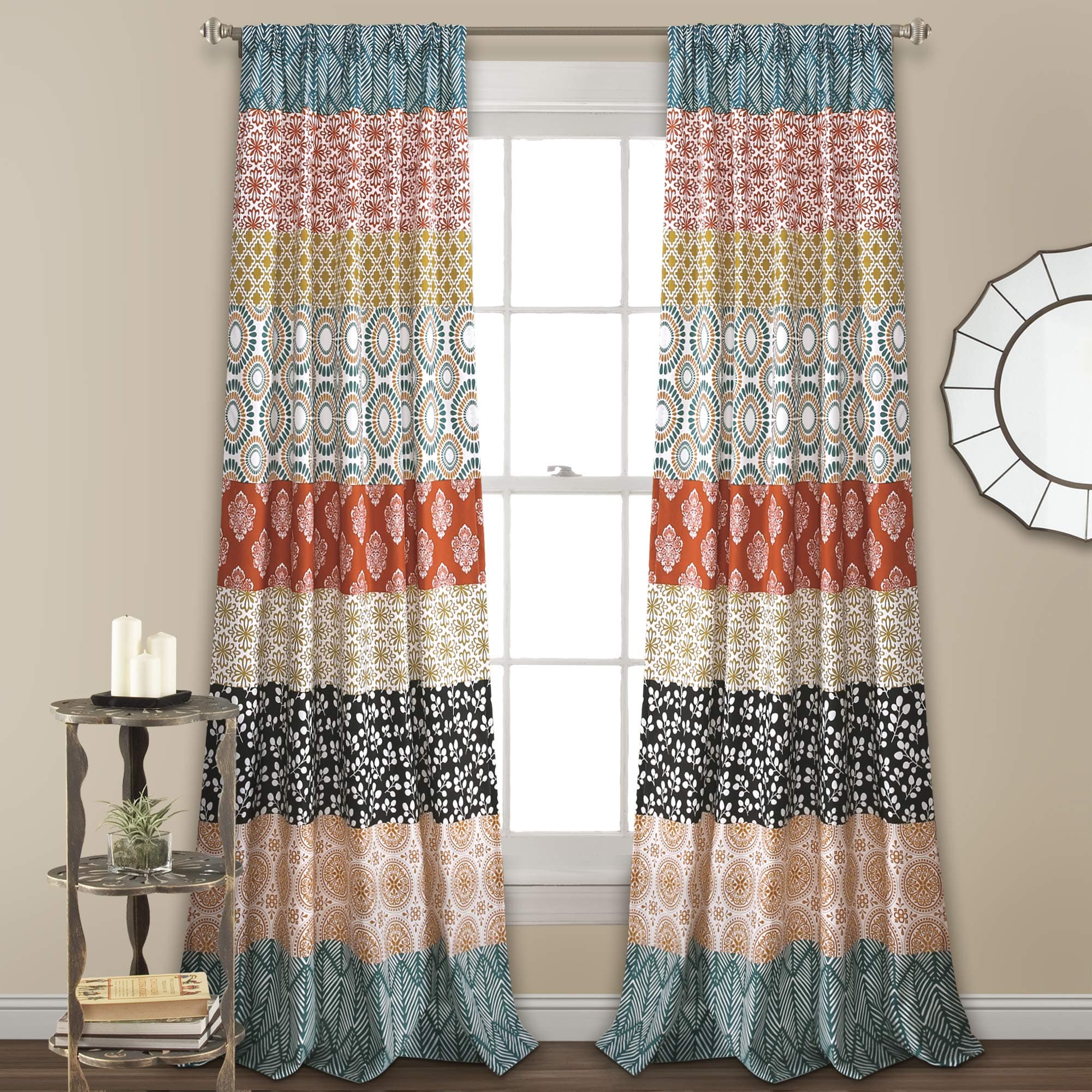Lush Decor Bohemian Stripe Window Curtain Panel Pair, 84" x 52", Turquoise & Orange