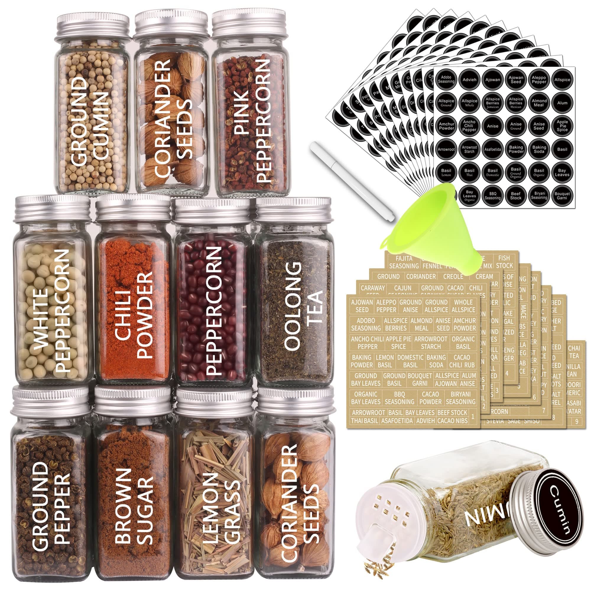 SWOMMOLY 36 Glass Spice Jars with 703 Spice Labels, Empty Square Spice Bottles 4 oz with Pour/Sift Shaker Lid, Airtight Cap, Chalk Marker and Funnel Complete Set