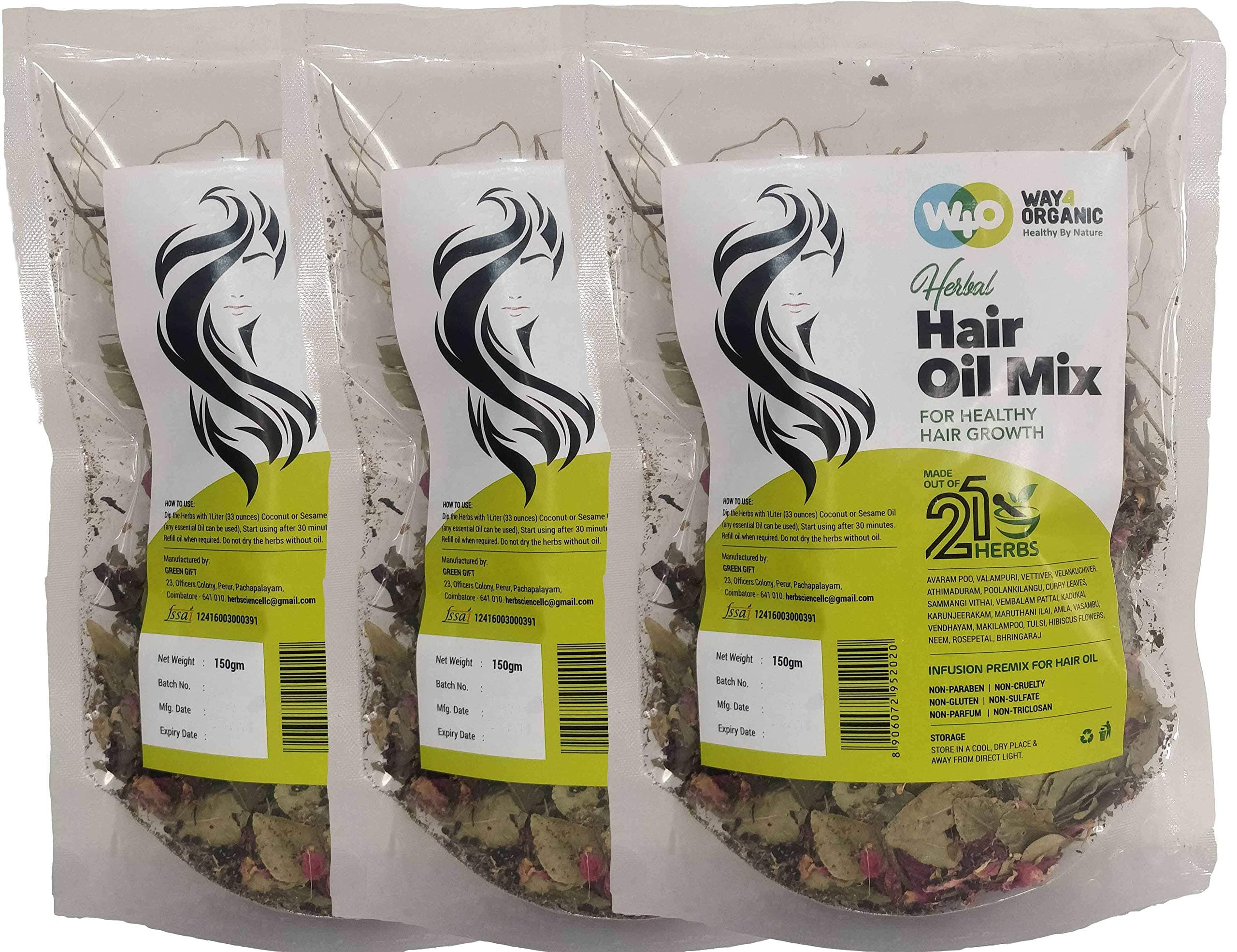 Herbal Hair Oil Mix of 21 Herbs for Thick Long Hair Growth 150 grams(3 Pack), Hairfall, Hair Repair, Scalp Care, Haircare Both for Men & Women - Way4Organic