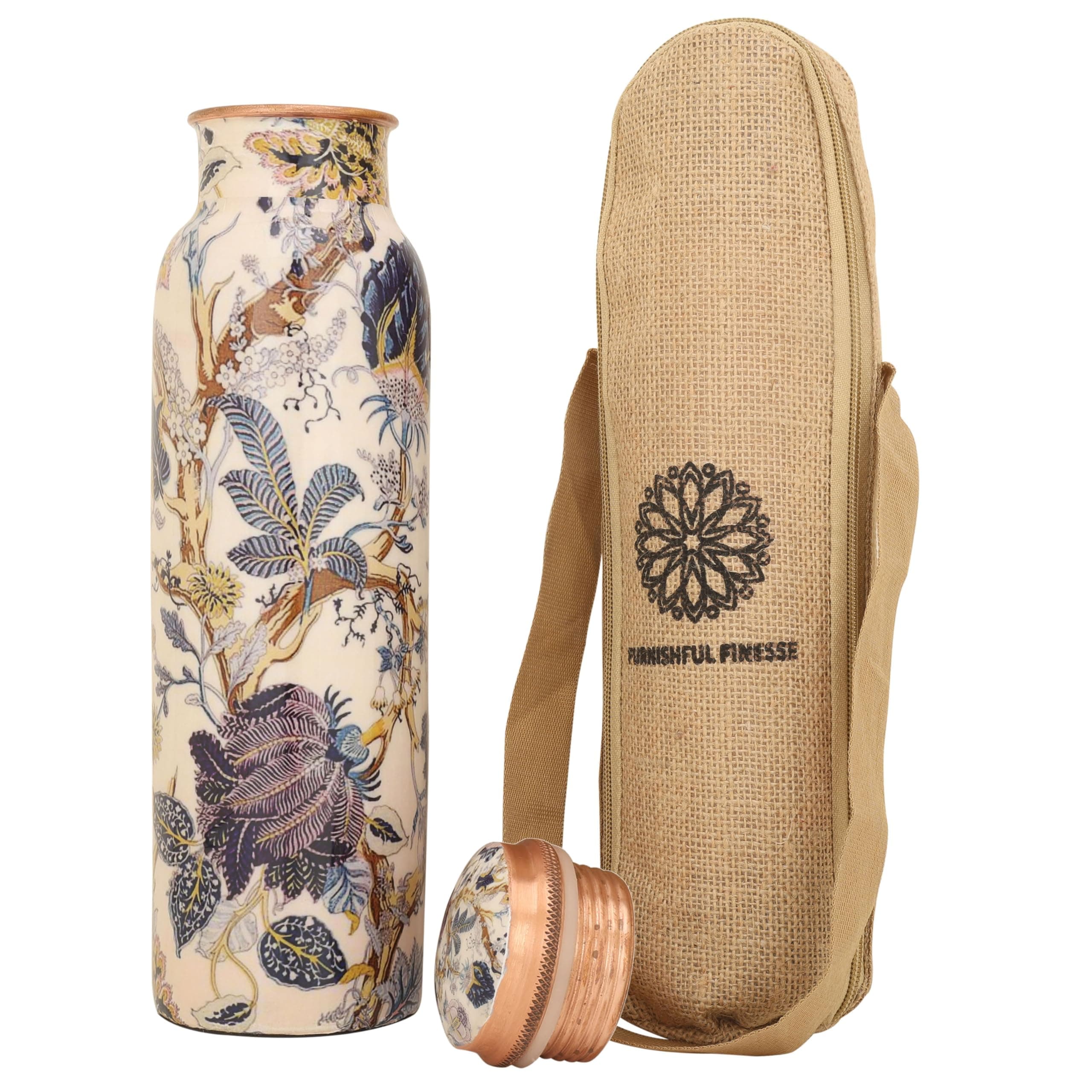 White Printed Pure Copper Bottle with Carrying Bag for Drinking Water BPA Free Leak Proof Boosts Immunity, Liver Health, Ayurveda Inspired 34oz - 1 Litre