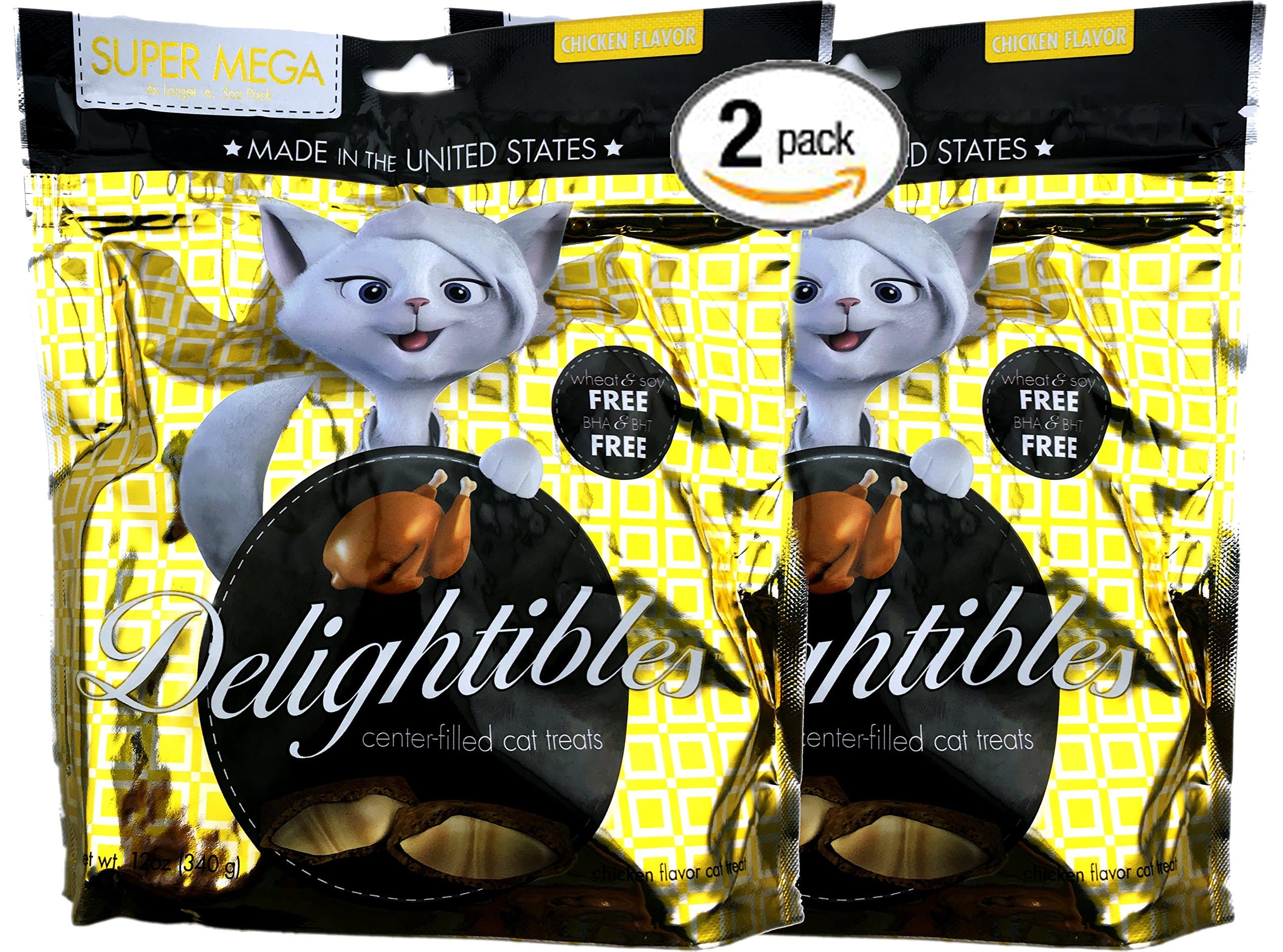 Reeonice Delightibles Bundle Pack of Two (2) Super Mega 12 oz Chicken Flavored Center-Filled Cat Treats