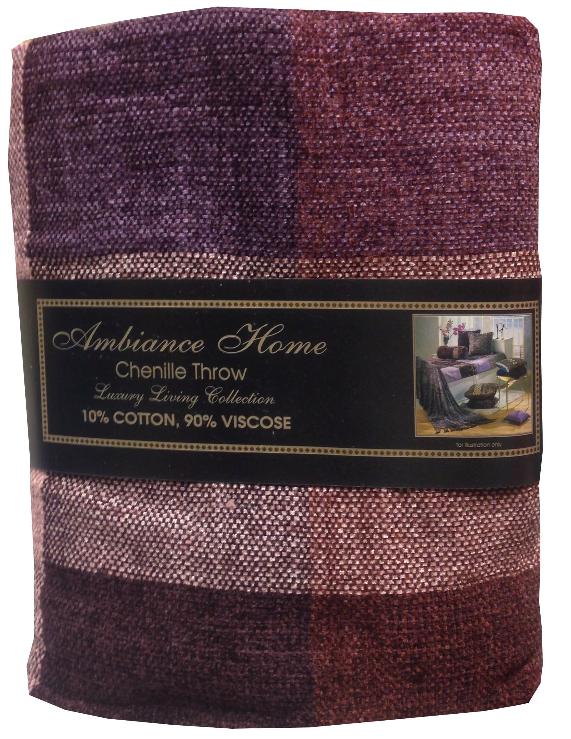 125cm x 150cm Chenille Check Purple Throw, Modern Checked Squares Fringed Tassel Ends, Aubergine Plum Lilac Pink Red