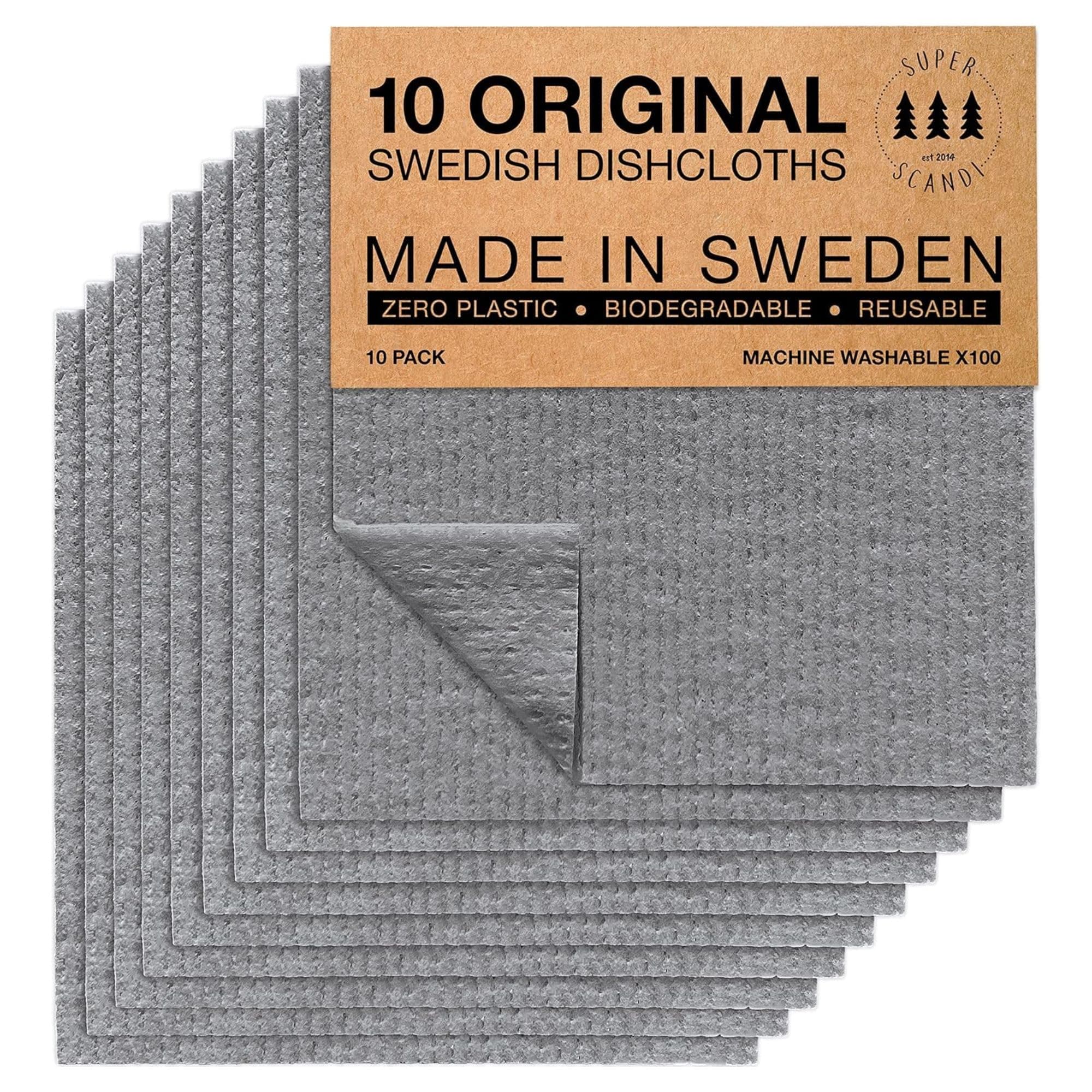 10 Pack Swedish Dishcloths for Kitchen - 100% Biodegradable & Compostable Reusable Paper Towels Washable, Food-Safe & Without Plastic - Dish Rags Suitable for Any Surface, Grey