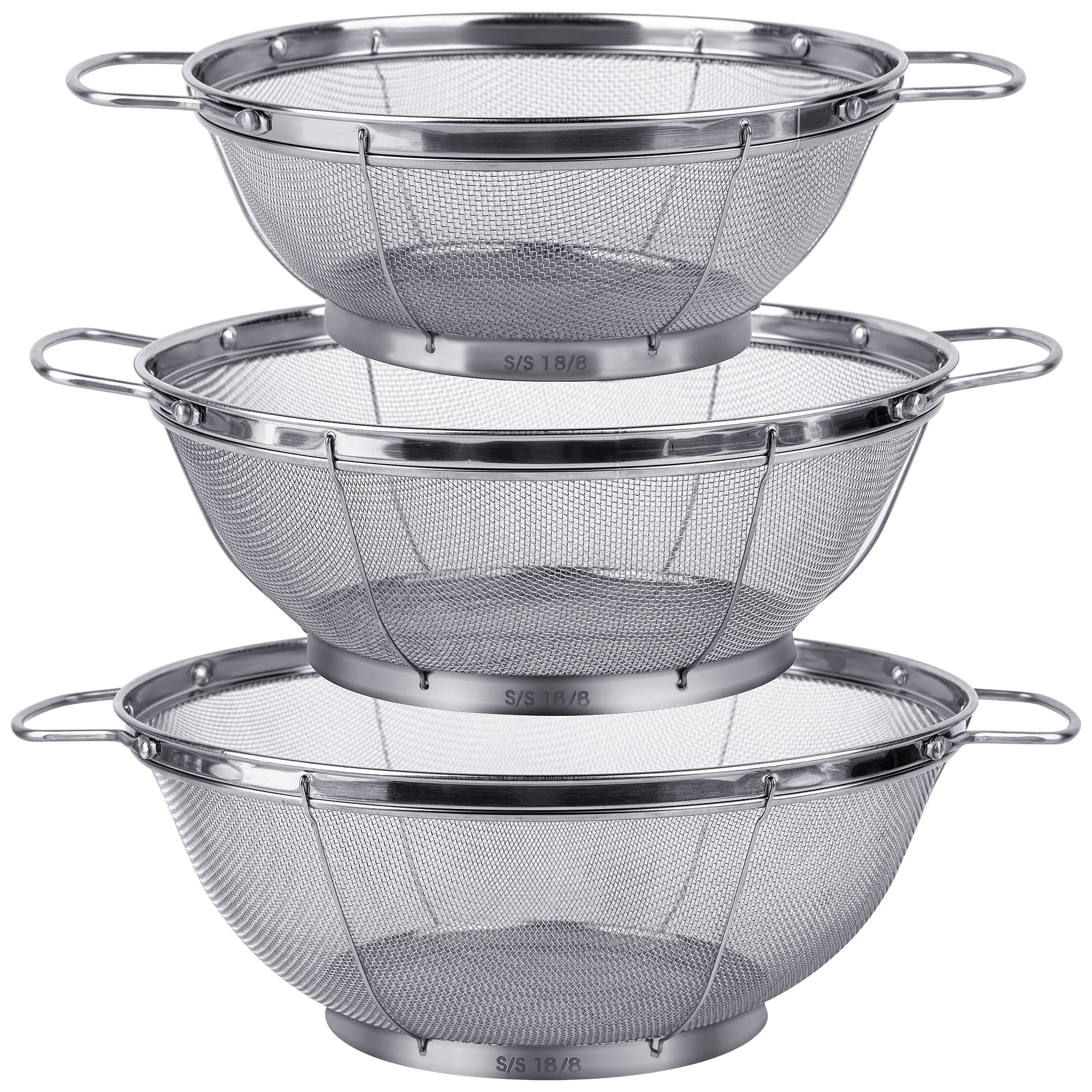 5 Pack 18/8 Stainless Steel Colander Sieves, Multi Size Mesh Strainer Net Baskets with Handles & Resting Base for Strain, Drain, Rinse or Steam