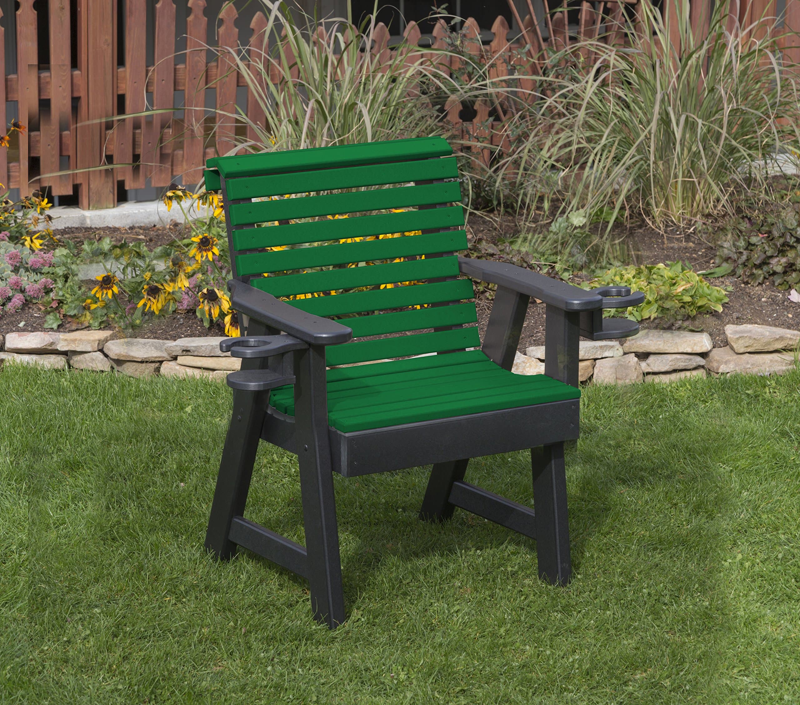 Turf Green-Poly Lumber ROLL Back Poly Resin 2 FEET Patio Garden Chair with Cupholder arms Heavy Duty Everlasting PolyTuf HDPE - Made in USA - Amish Crafted