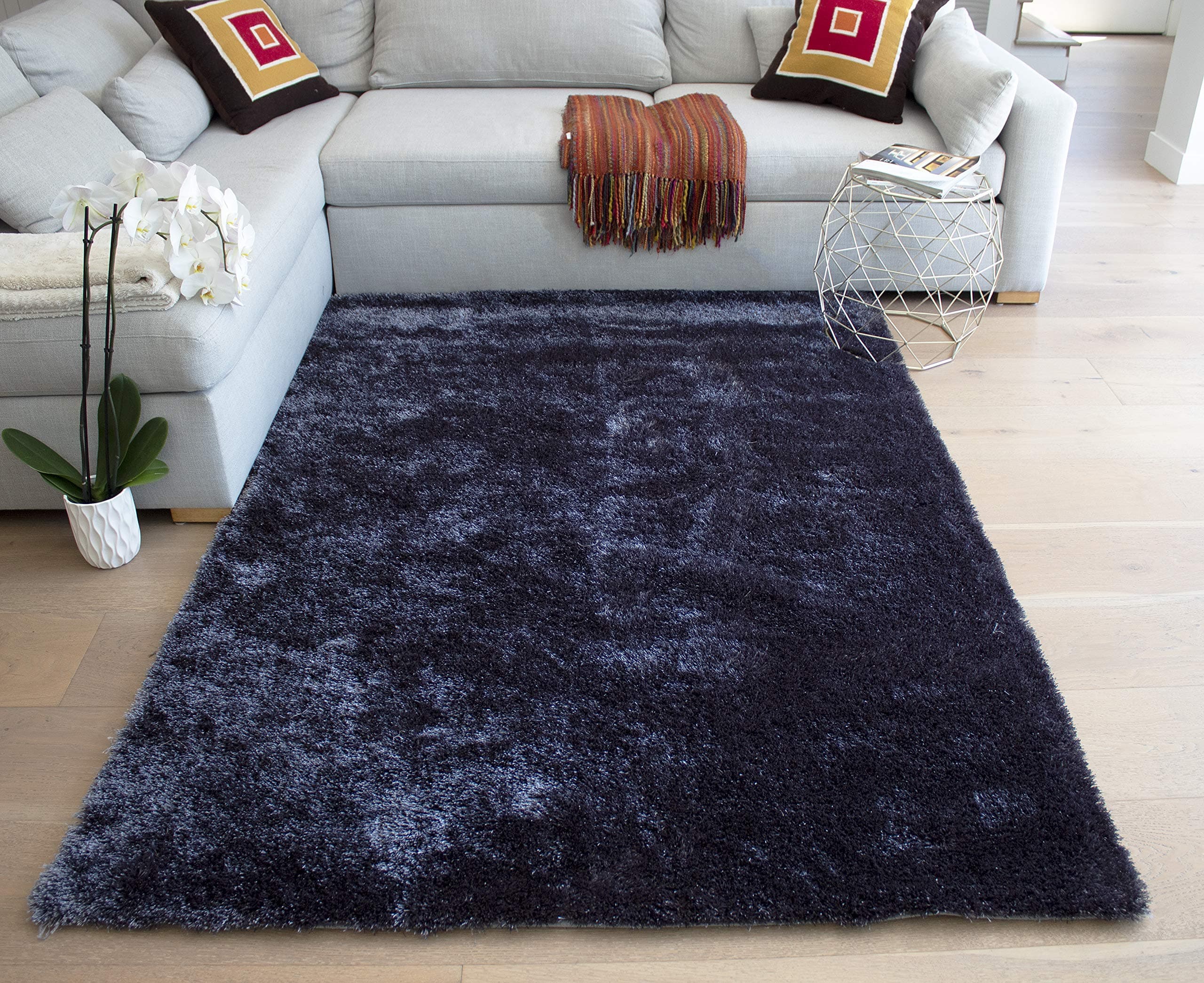 LA Scatter Large Rectangular Big Shag Shaggy Soft Contemporary Modern Cozy Solid Fluffy 5-Feet-by-7-Feet Polyester Made Area Rug Carpet Rug Gray Grey Color