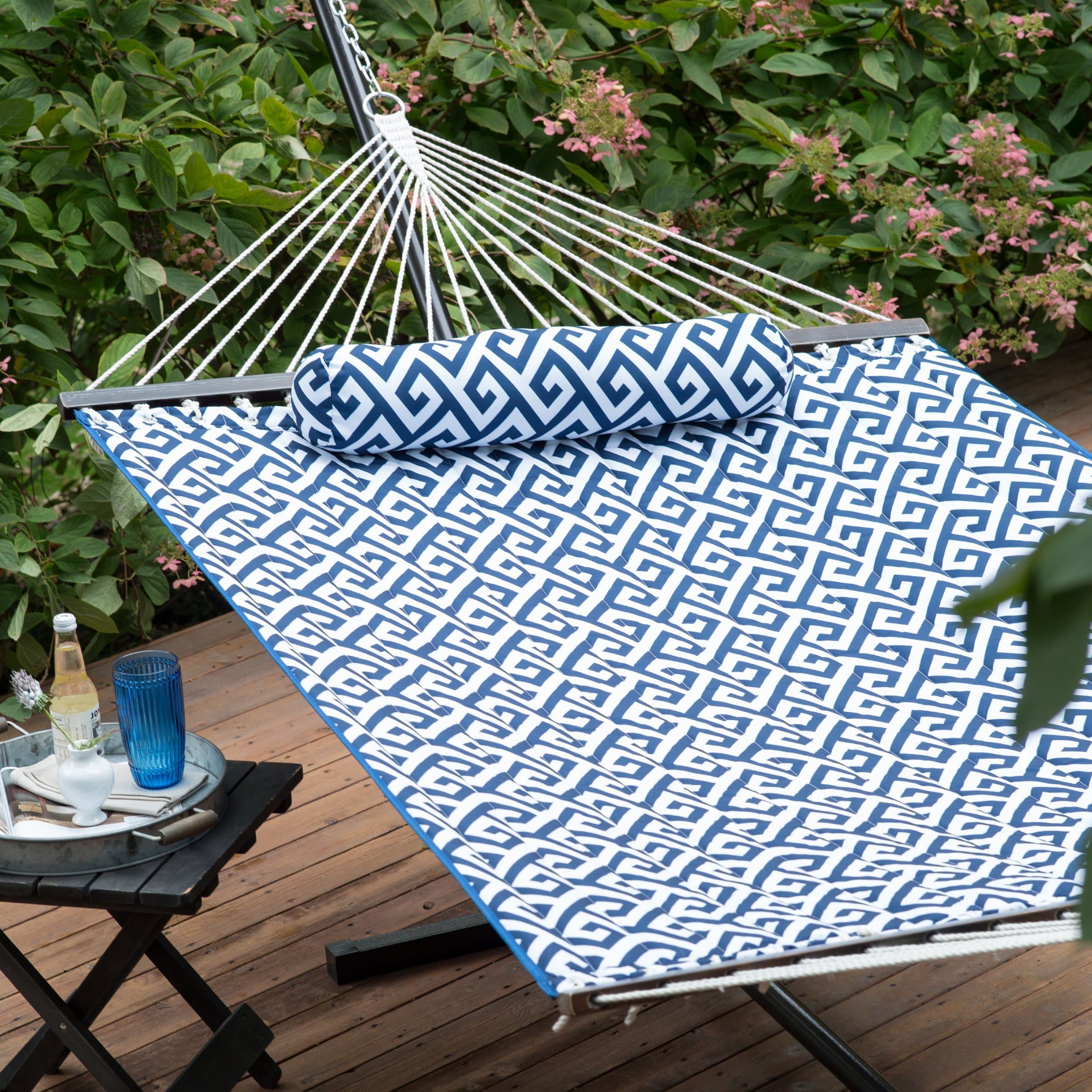 11-ft. Greek Key Quilted Hammock with Rust Resistant Tri-Beam Steel Stand Powder-Coated Finish