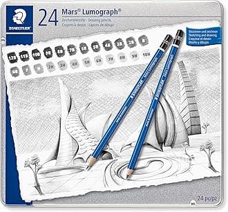 Mars Lumograph Drawing Pencils: Set of 24 in Metal Case - Presharpened Graphite Art Pencils - Hardness Grades 12B-10H - For Drawing, Shading, Drafting & Illustrating - All Skill Levels