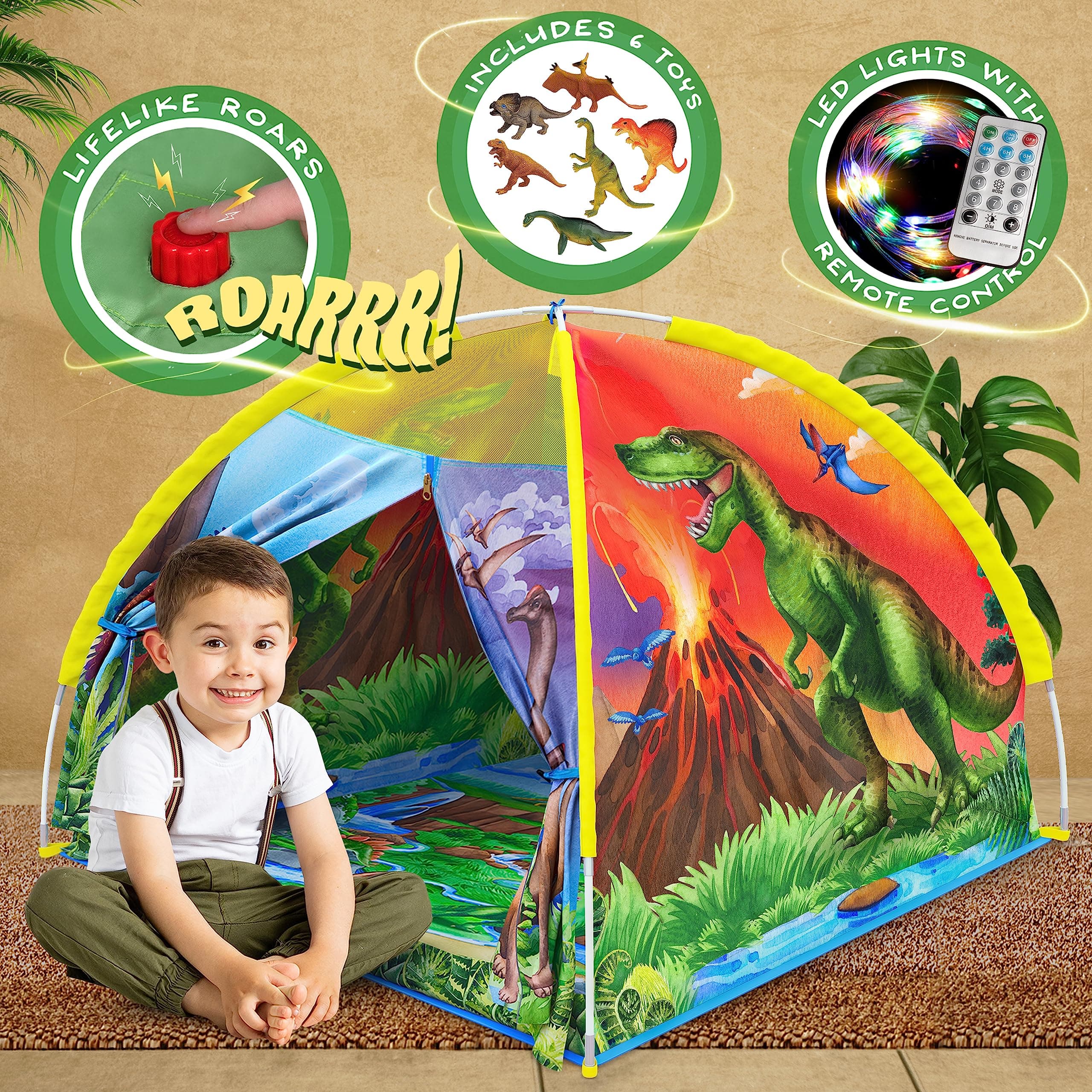 W&O Dino Super Dome with Roar Button, Dinosaur Toys and LED Lights - Epic Dinosaur Tent for Kids Aged 3-12 Perfect for Indoor & Outdoor Adventures