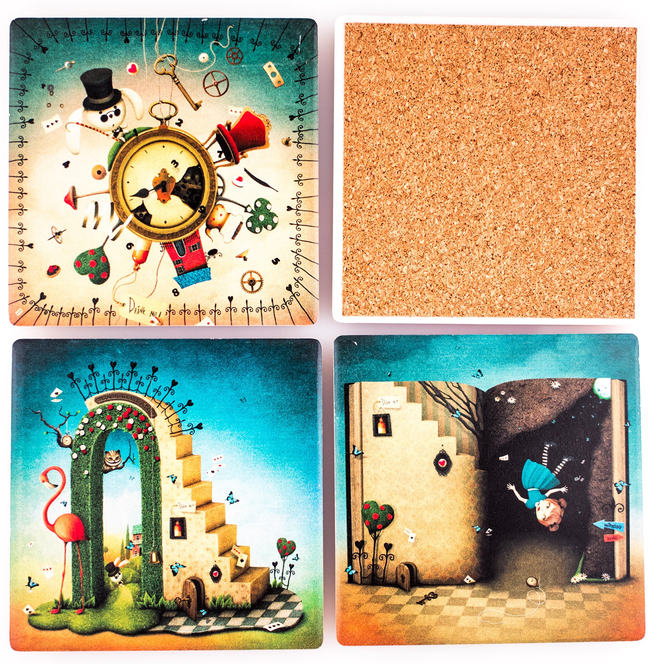 Large drink coasters. Coasters for drinks. Absorbent square coasters. Ceramic coasters set of 4. Great gift for women. Alice in Wonderland ceramic coasters. Coasters for women.