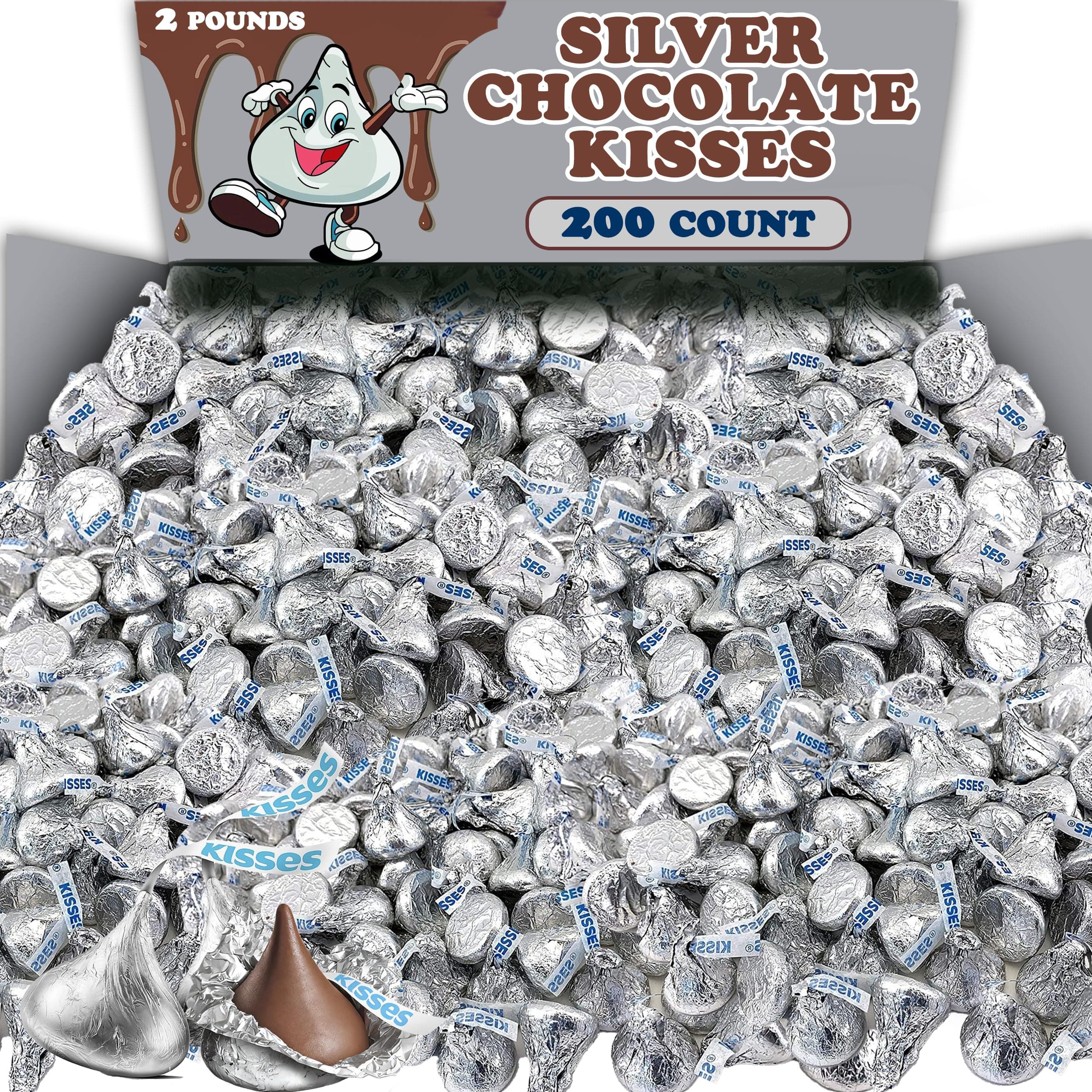 Hershey Silver Kisses Milk Chocolate Candy Bulk, 2 Lbs Silver Foil Wrapped Kisses Chocolate Candy, Individually Wrapped Party Candies, Easter Goodie Bags, Pinata, Candy Bowls, Candy Jars