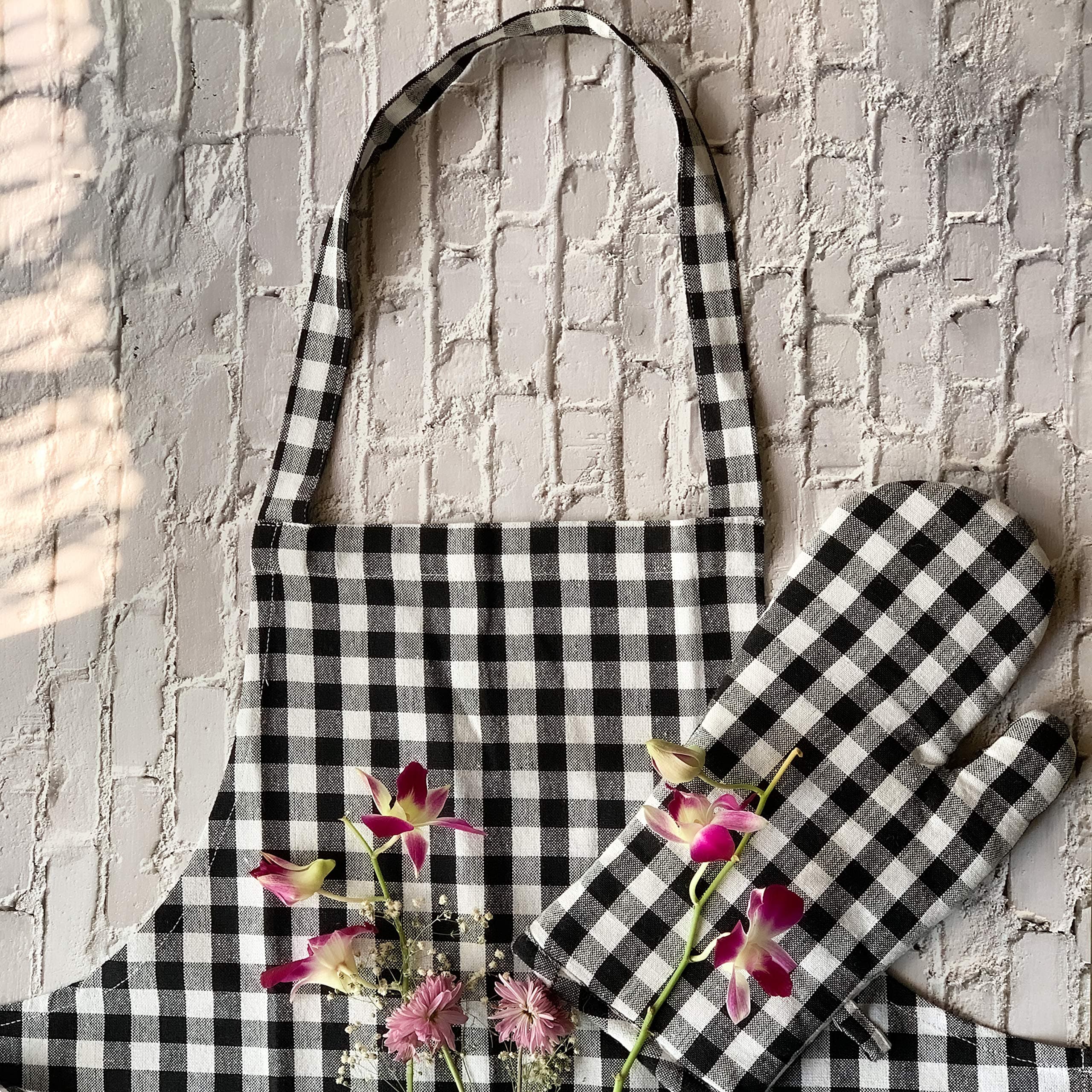 Pixel Home Cotton Apron 100% Cotton Check Kitchen Apron with Front Center Pocket (Apron With Oven Mitt)