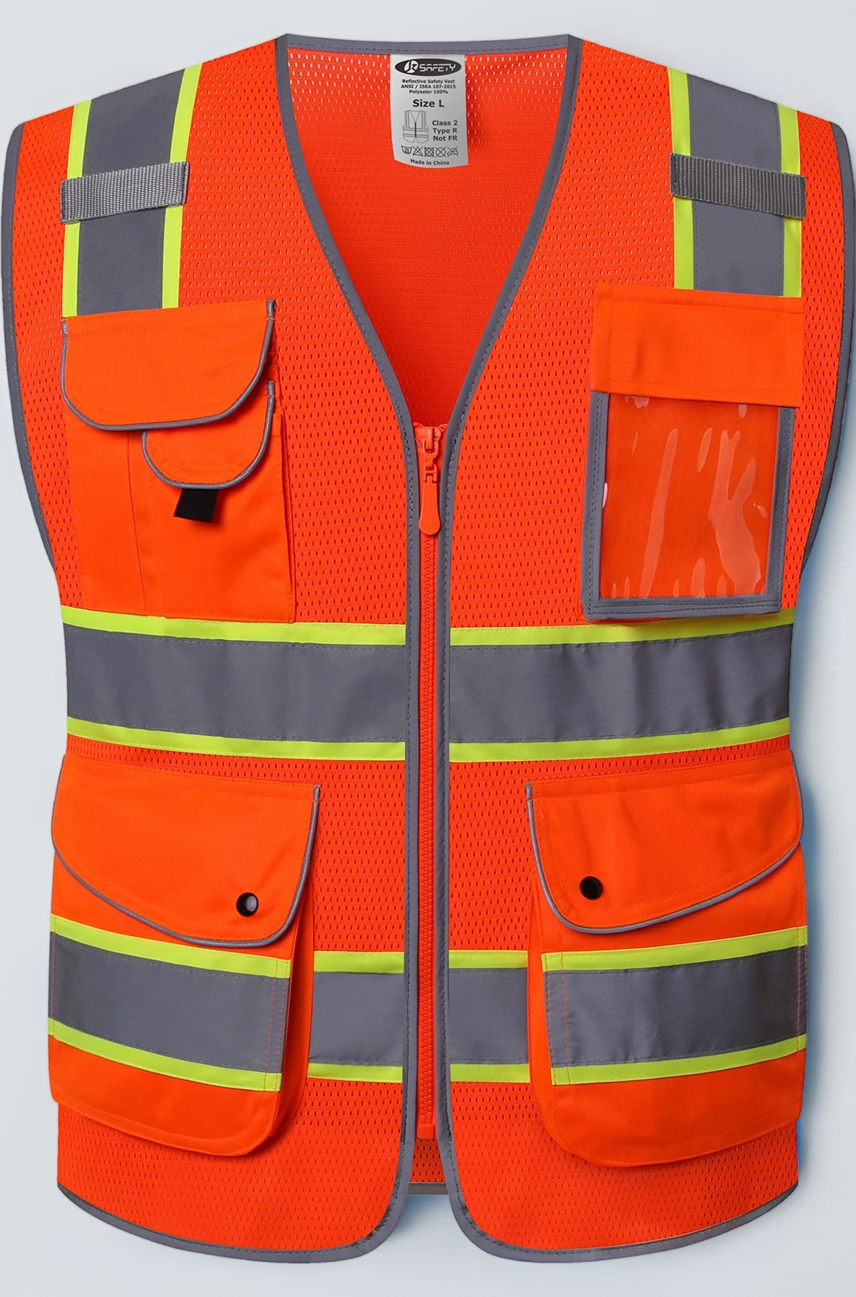 JKSafety 9 Pockets Class 2 High Visibility Zipper Front Safety Vest With Reflective Strips,Meets ANSI/ISEA Standards