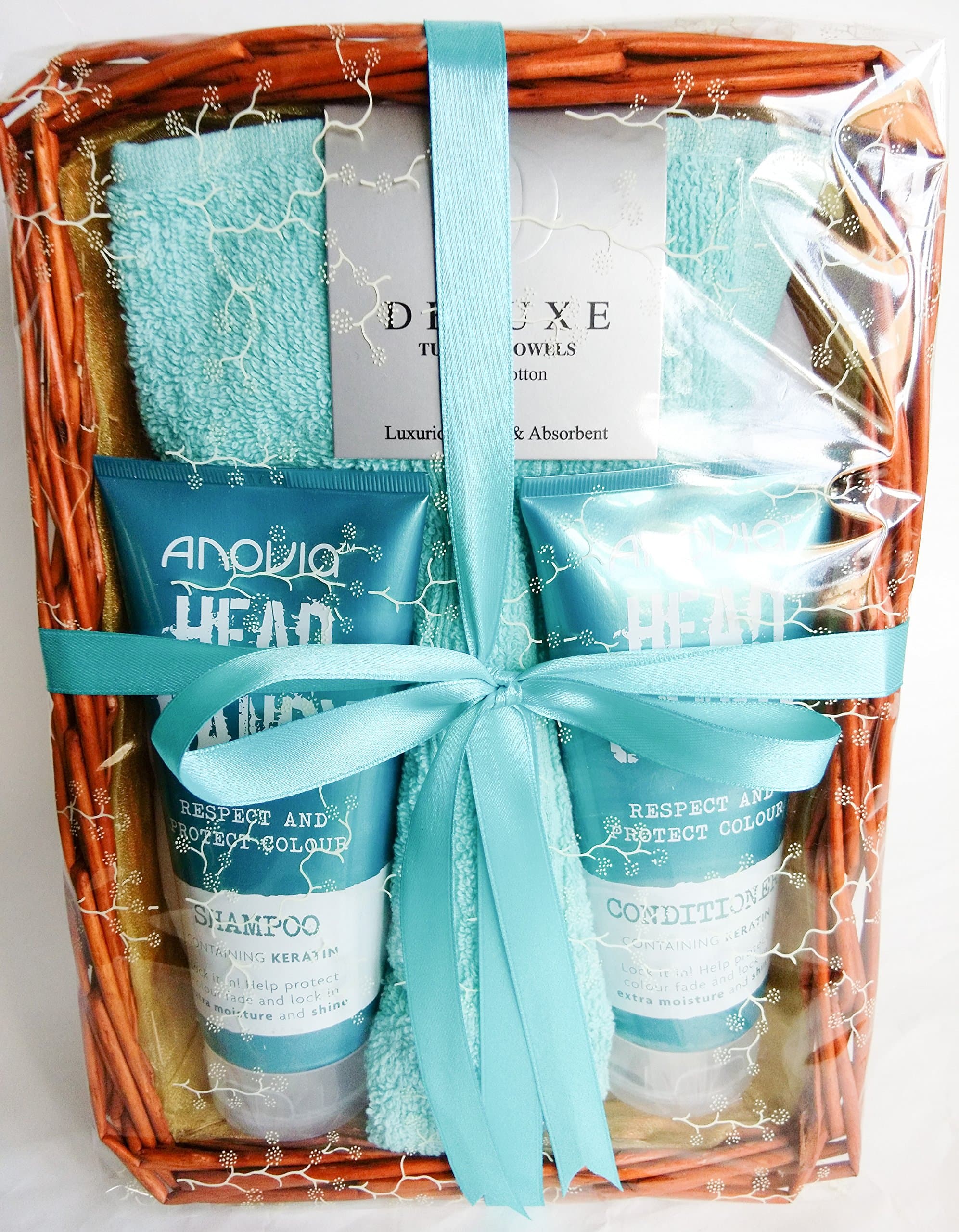 Head Candy Deluxe Gift Hamper - Respect & Protect With Keratin - Shampoo , Conditioner , Turquoise Turkish Cotton Face Cloth - Presented In An Organza Lined Wicker Gift Basket - Cellophane & Ribbon Gift Wrapped