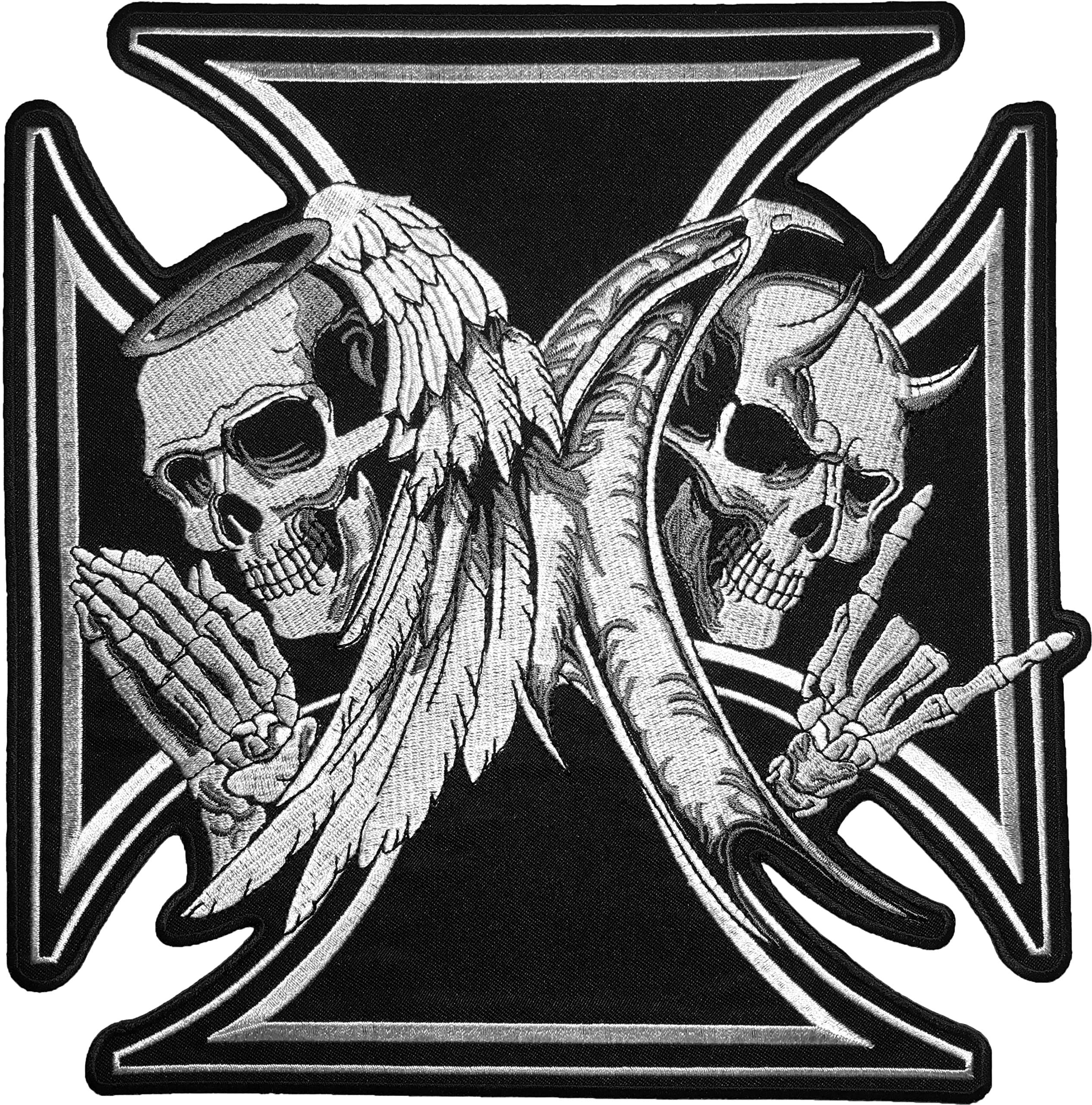 [Super Large Size] Papapatch Skull Devil and Angel Wings Black Cross Ghost Biker Rider Motorcycle Jacket Vest Costume Embroidered Sew on Iron on Patch (Iron-Devil-Angel-Malt-Super-Large)