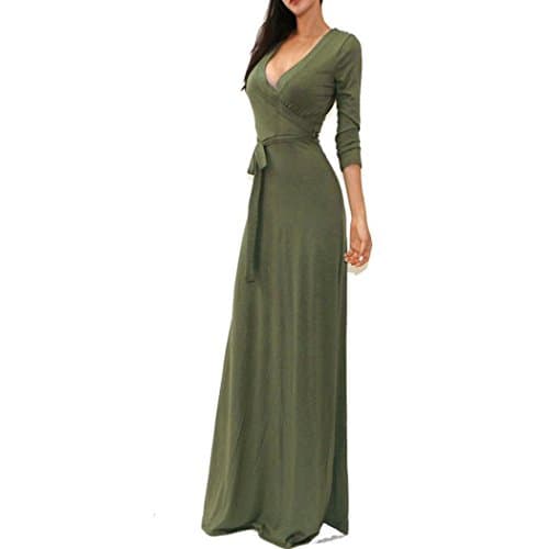 OVERMAL Women's Solid V-neck 3/4 Sleeve Wrap Waist Long Maxi Dress (Medium, Army Green)