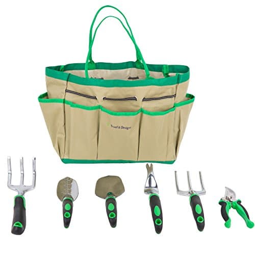 TrueFit Designs 7 Piece Garden Tool Set with Durable Cast Aluminum Heads plus Ergonomic Handles and Sizable Garden Tote Bag