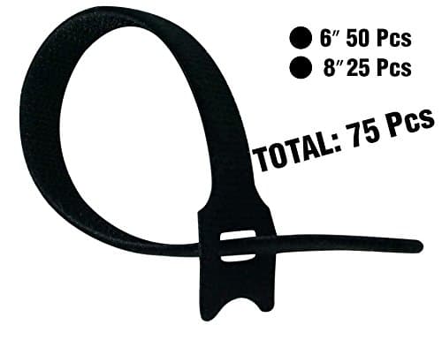 Cambridge ZipIts Reusable Fastening Hook and Loop Cable Ties 75 Pack Assortment 25 Pieces 8-in Black, 50 Pieces 6-in Black