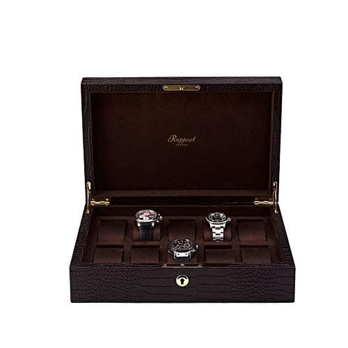 Rapport Brompton Crocodile Pattern Brown Leather clad Wooden 10 Watch Collector Box