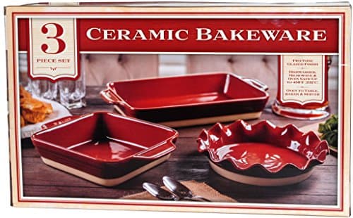 Ceramic Bakeware 3-Piece Set - Square Baker, Pie Plate, Rectangular Baker (Red)