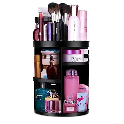 MOFIR Makeup Organizer 360 Degree Rotating, Adjustable Multi-Function Cosmetics Storage Box, Small Size Extra Large Capacity, Fits Different Sizes of Cosmetics (Circle with Grid Top, Black)