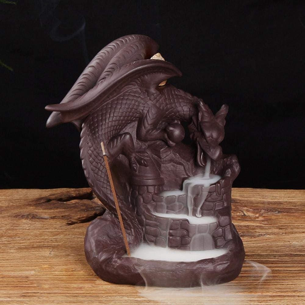YYW Ceramic Waterfall Backflow Dragon Incense Holder Censer Backflow Incense Burner Home Office Ornament with 10pcs Backflow Incense Cones,