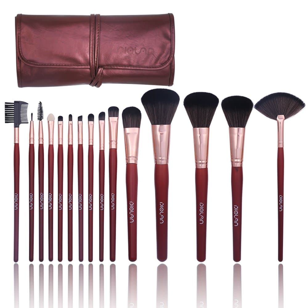 DIOLAN 15 PCs Makeup Brushes Set for Foundation Blending Blush Eyeliner Face Eye Shadow with Synthetic Fiber Bristles & Wooden Handles, Includes Wine Red Travel Bag