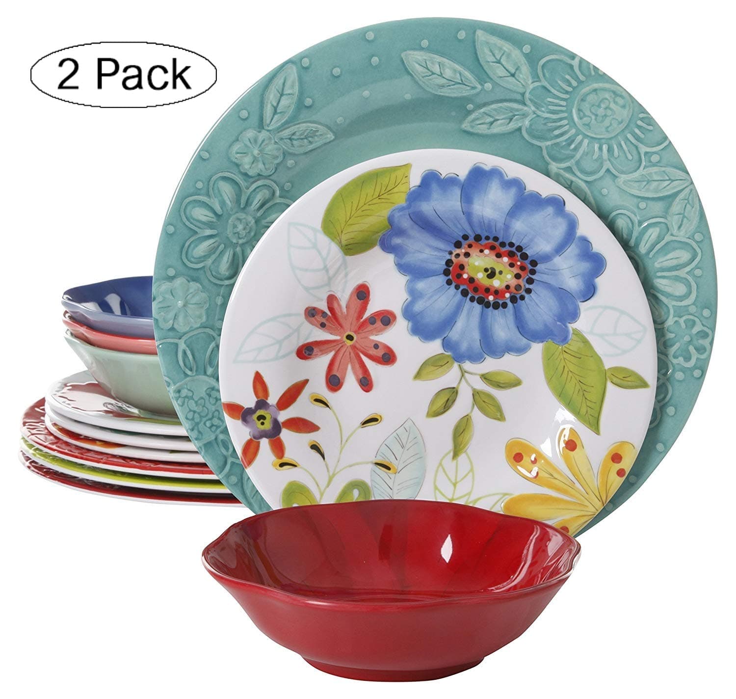 Gibson Studio 116500.12 Flora 12 Piece Melamine Dinnerware Set, Mix and Match (Twо Расk)
