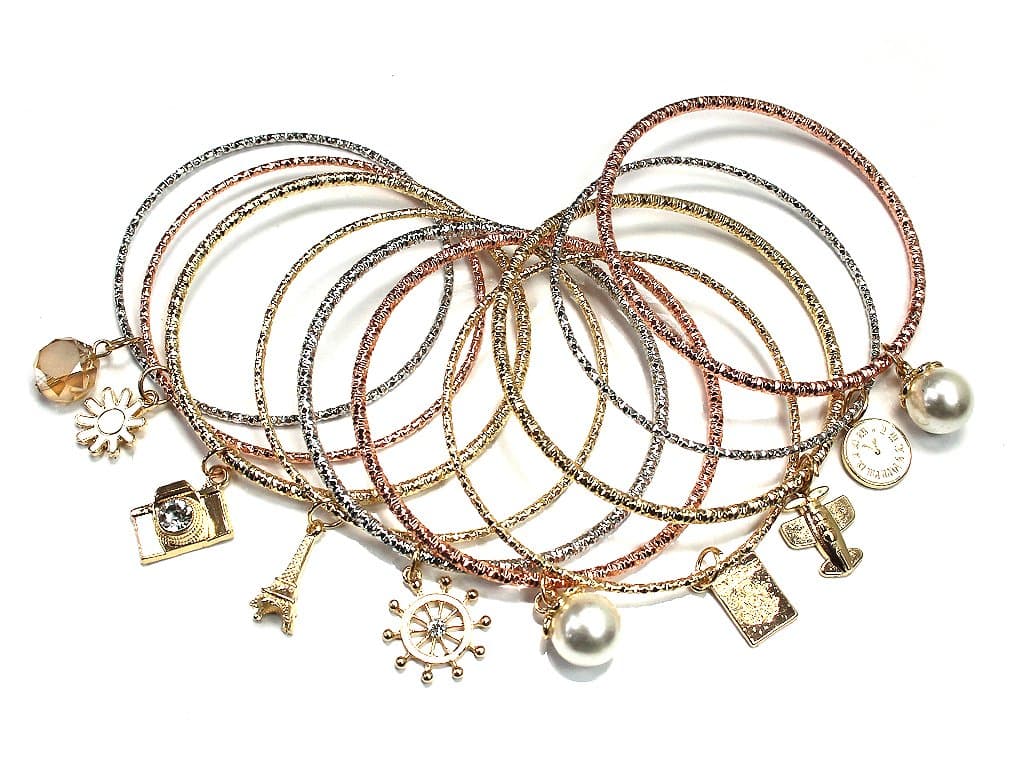 Aris Huge Stack Diamond Cut Charm Bangles Bundle: Bracelets & Bag