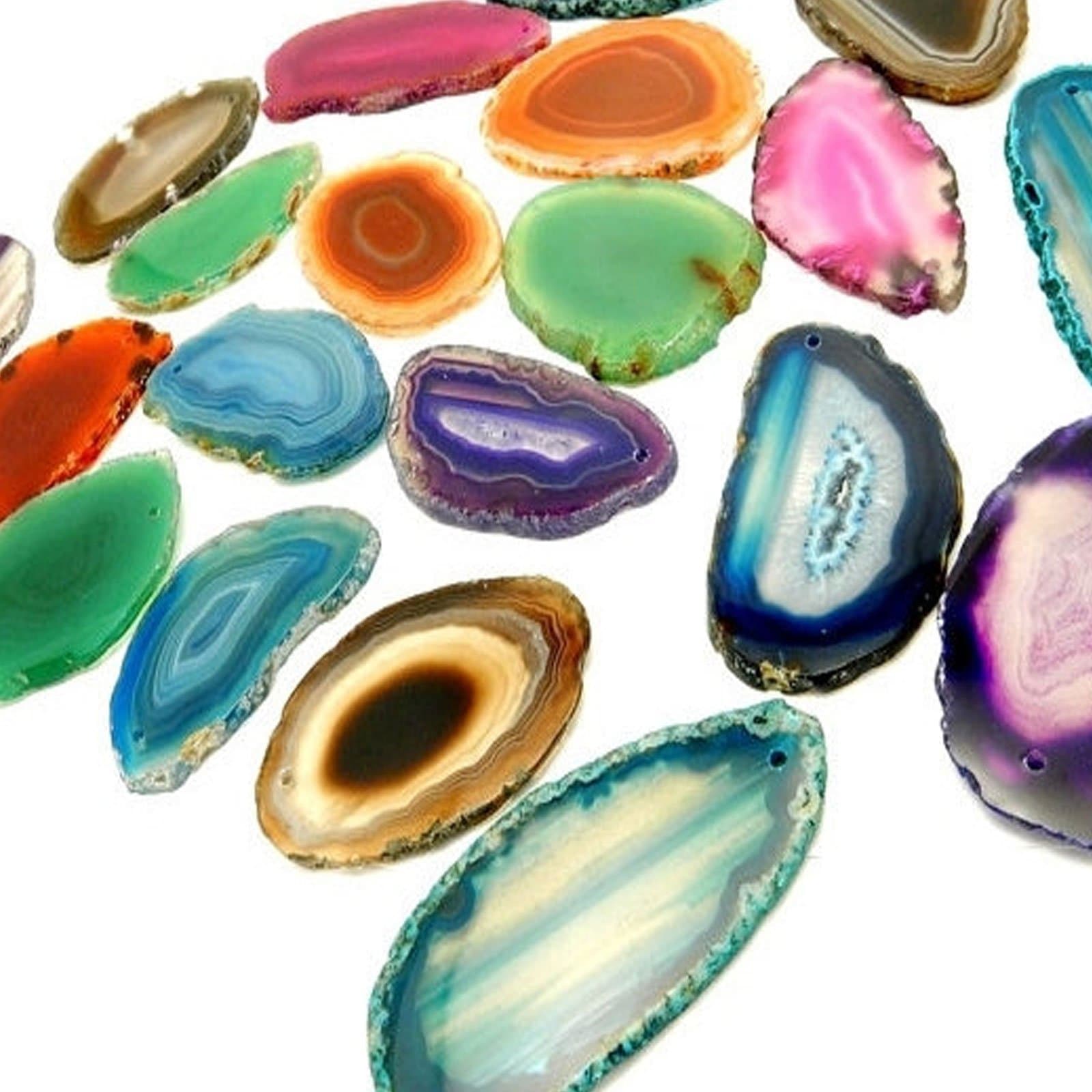 12 (Twelve) Drilled Agate Slices -Assorted Agate Pendant Slice Drilled 2-3" Agate Identification Card and a Rock Paradise COA (AM1B1)