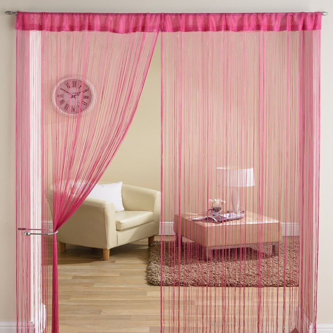 HFI 2 Piece Solid Tabtop Polyester Threads String Curtain - Window - 5 feet, Pink, Semi Transparent Curtain