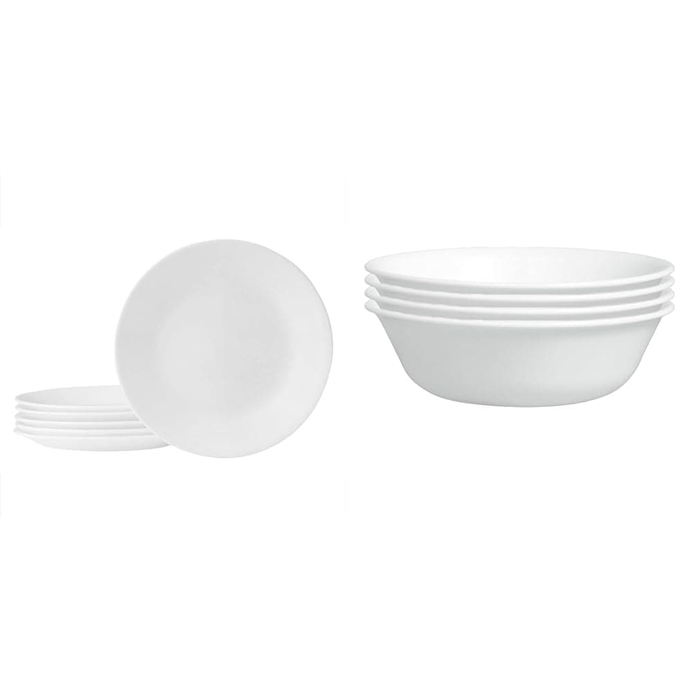 Corelle Vitrelle 6-Piece Salad Appetizer Plate Set, Triple Layer Glass & Vitrelle (Set of 4 Pieces) 18-Oz Soup/Cereal Bowls, Chip & Crack Resistant Glass Dinnerware Set Bowls, Winter Frost White