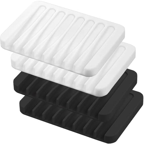 Self Draining Soap Dishes, 4 Pcs Silicone Waterfall Drainer Soap Holder for Bathroom, Extend Soap Life Keep Dry Clean & Easy Cleaning (Black & White)