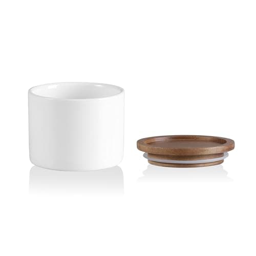 Sweejar Kitchen Canisters Ceramic Food Storage Jar, Stackable Containers with Airtight Seal Wooden Lid for Serving Ground Coffee, Tea, Sugar, Spice and More - 5 Fl Oz(White Acacia)