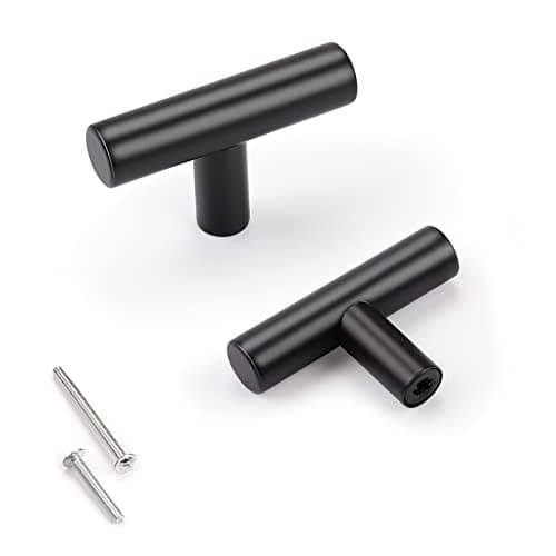 KNOBWELL 100 Pack Stainless Steel Cabinet Knobs, T-Shape Single Hole 2 inch (50mm) Matte Black Knobs for Dresser Drawers, Cabinet Handles and Closet Cupboard