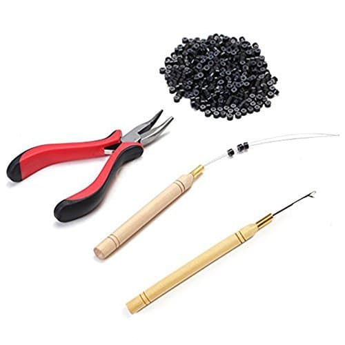 TLHOME Hair Extension Kit Pliers + Pulling Hook + Bead Device Tool Kits + 500pcs Miciro Rings (Black# Beads)
