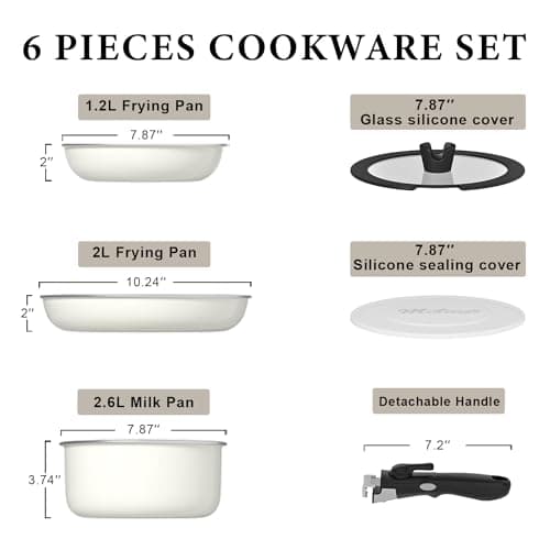 6pcs Pots and Pans Set, Nonstick Cookware Set Detachable Handle, Induction Kitchen Cookware Sets Non Stick with Removable Handle, RV Cookware Set, Oven Safe, White